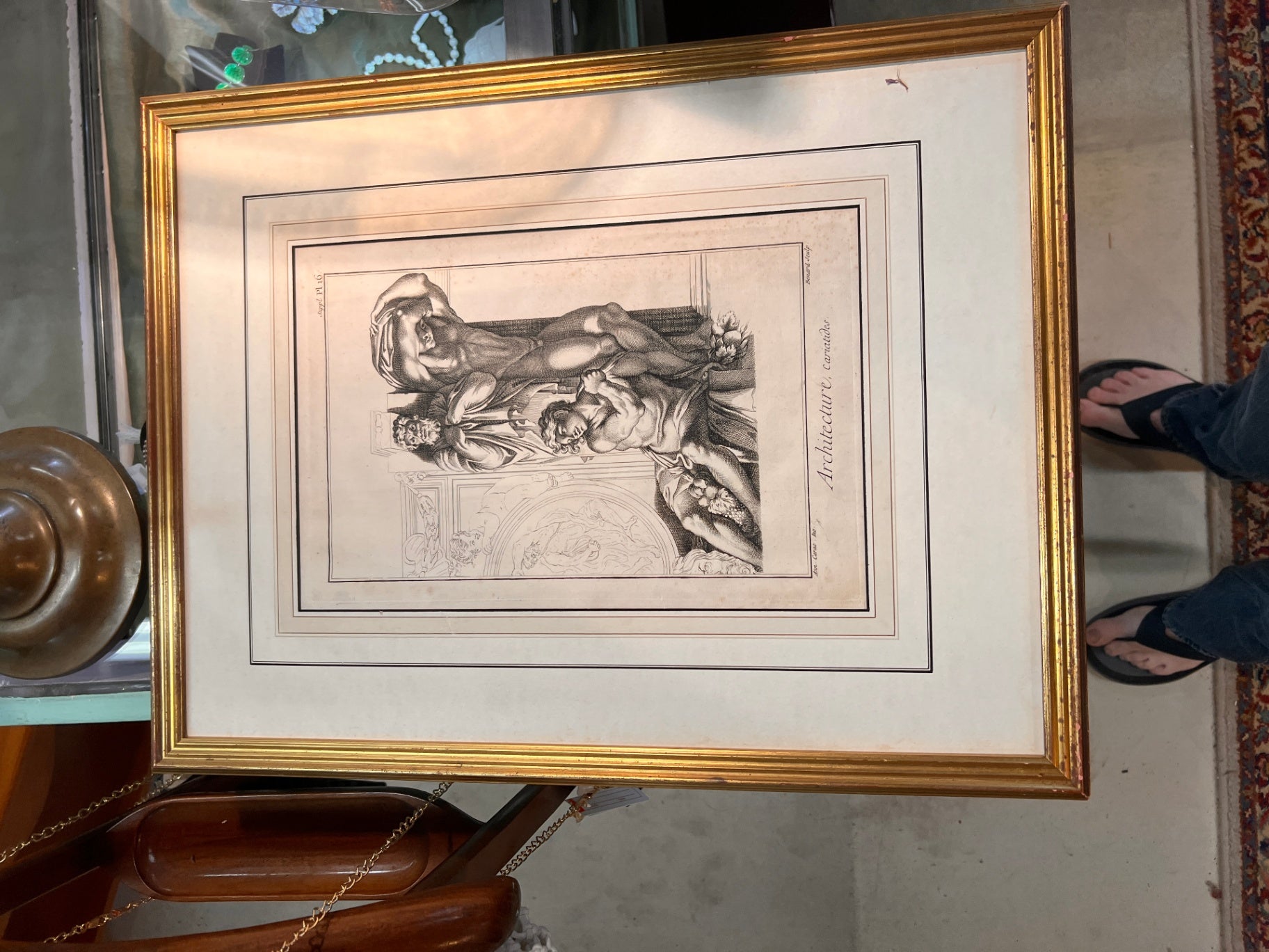 Antique Neoclassical Ink Drawing "Architecture, Cariatides" After Diderot Encyclopedie, Framed