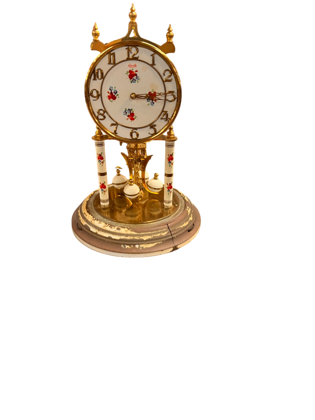 Vintage Kundo 400-Day Anniversary Clock - Floral Dial & Columns - Torsion Pendulum