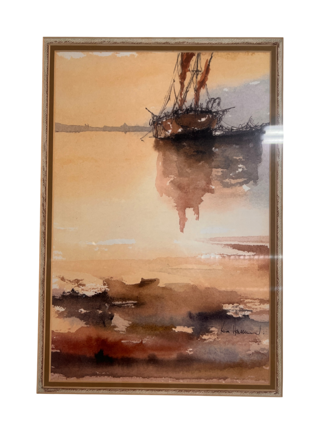 Vintage Ken Harmon Nautical Watercolor – Framed Maritime Sailing Ship Scene