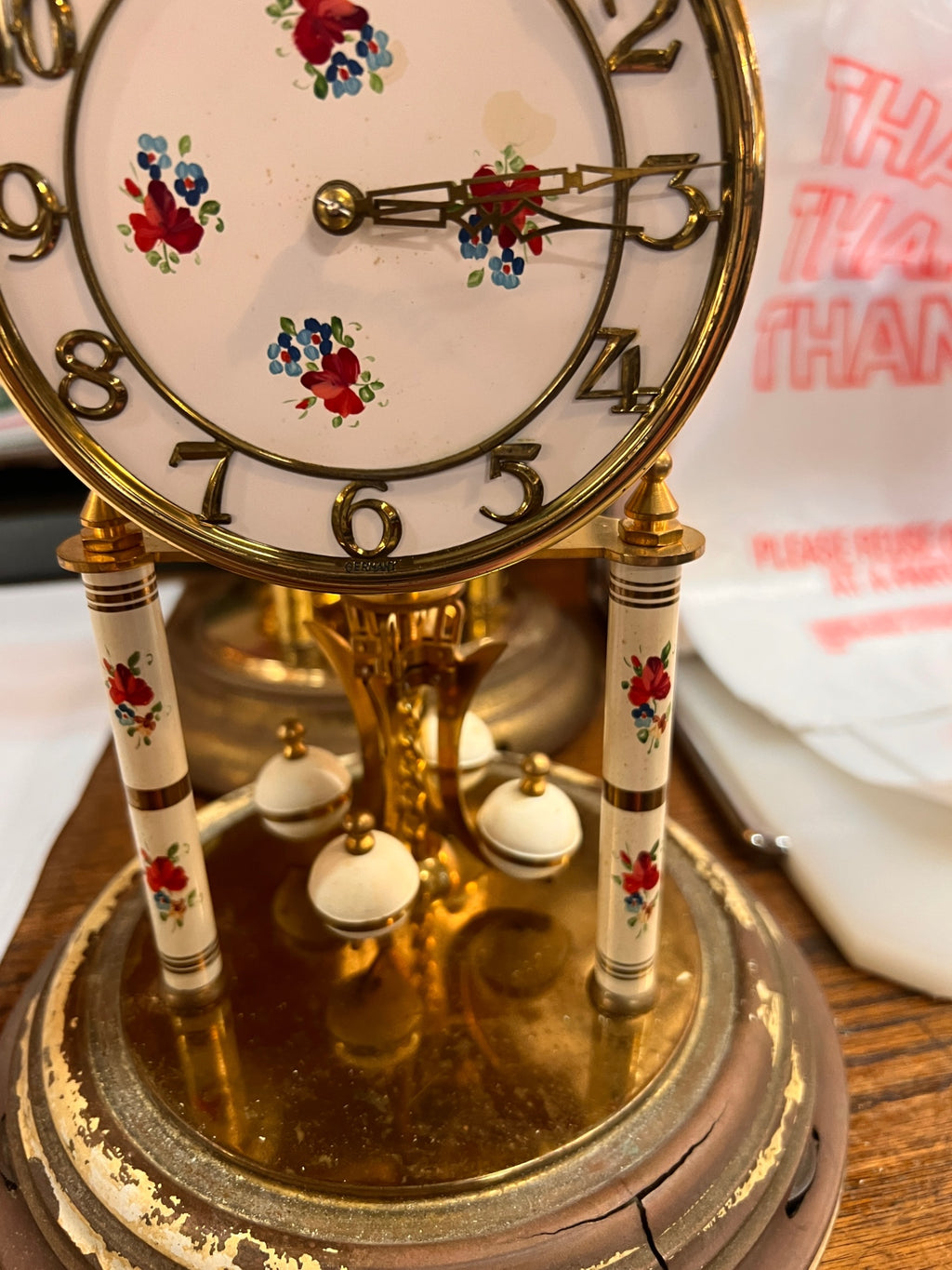 Vintage Kundo 400-Day Anniversary Clock - Floral Dial & Columns - Torsion Pendulum
