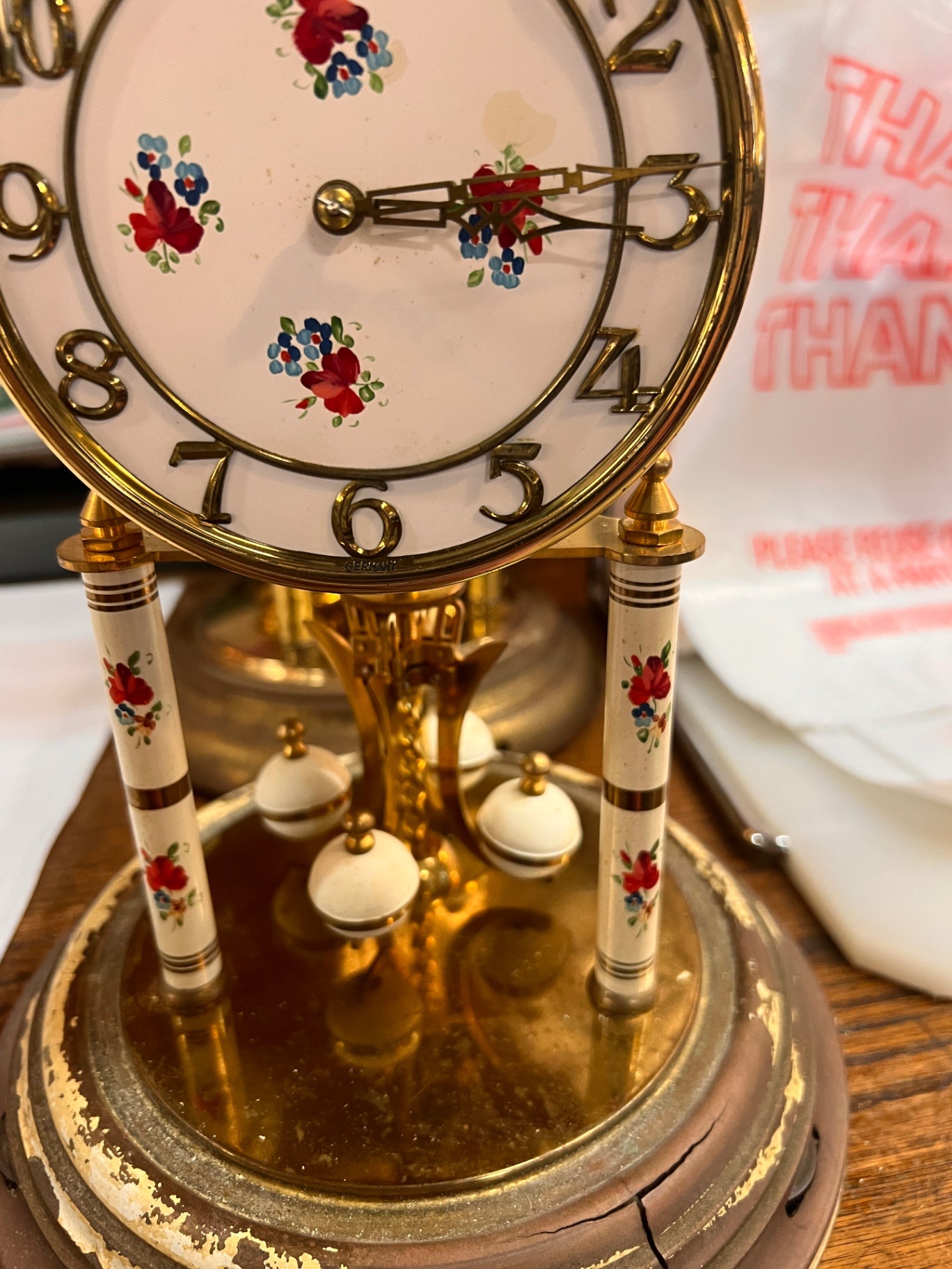 Vintage Kundo 400-Day Anniversary Clock - Floral Dial & Columns - Torsion Pendulum