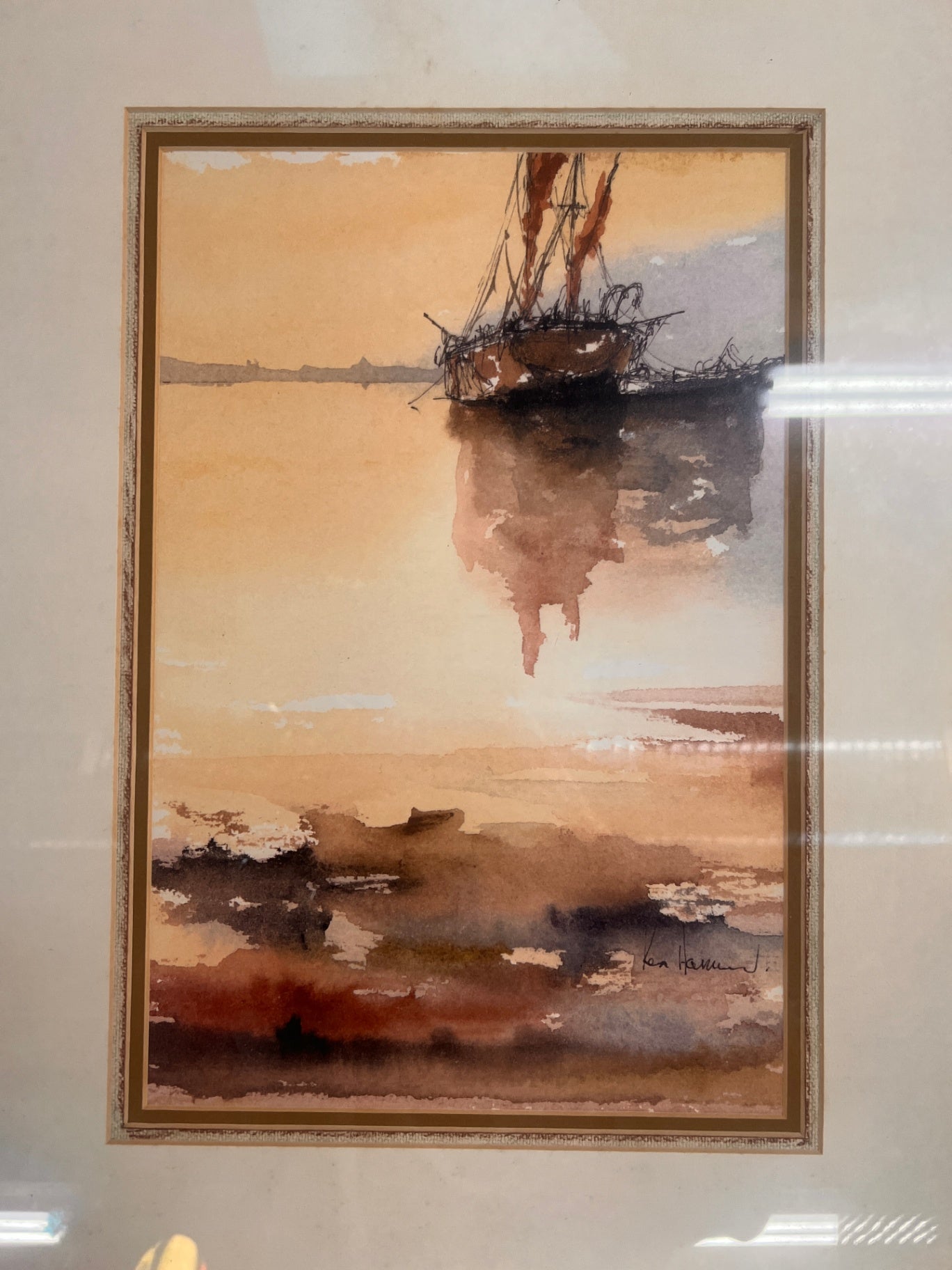 Vintage Ken Harmon Nautical Watercolor – Framed Maritime Sailing Ship Scene