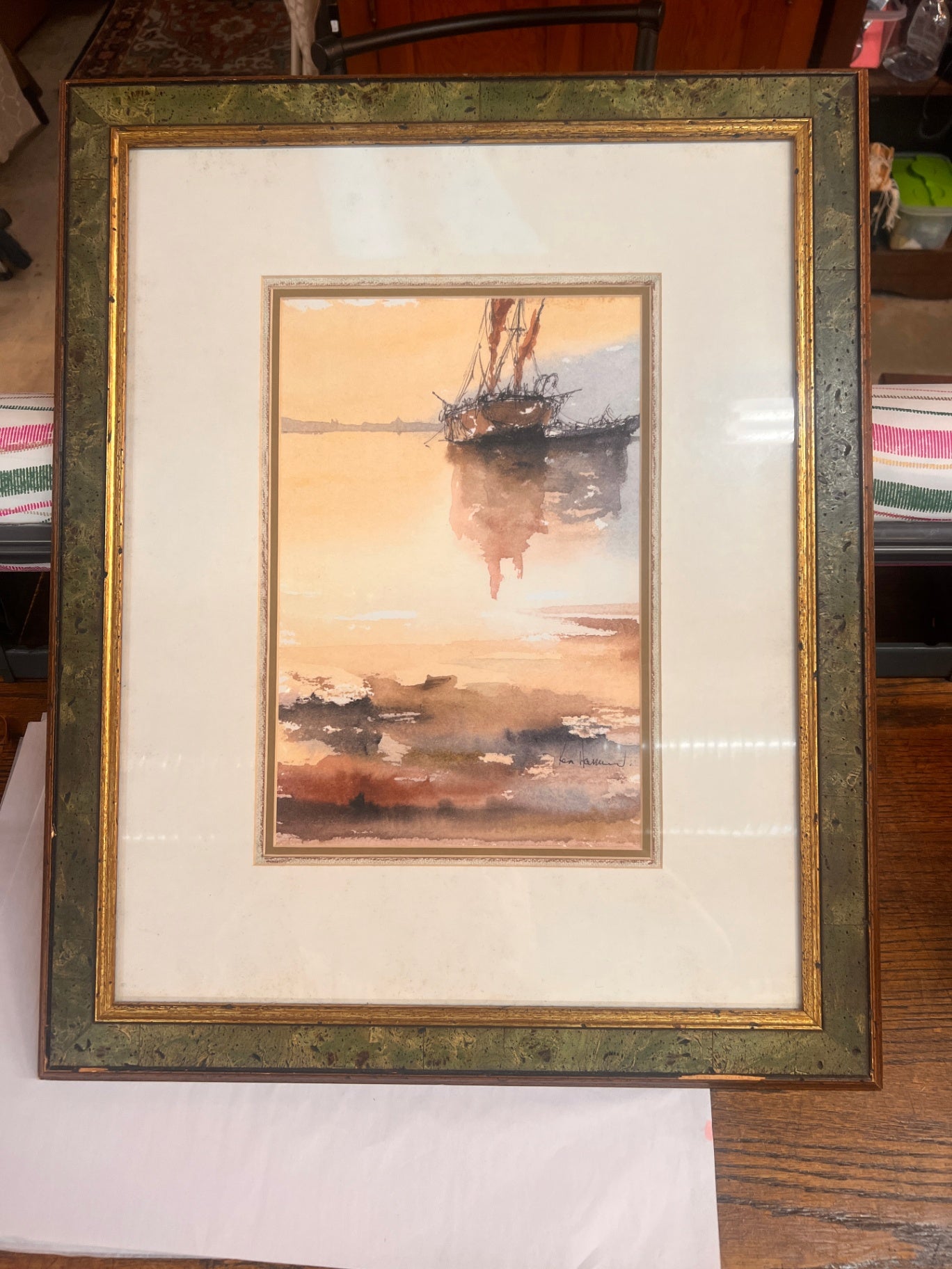 Vintage Ken Harmon Nautical Watercolor – Framed Maritime Sailing Ship Scene
