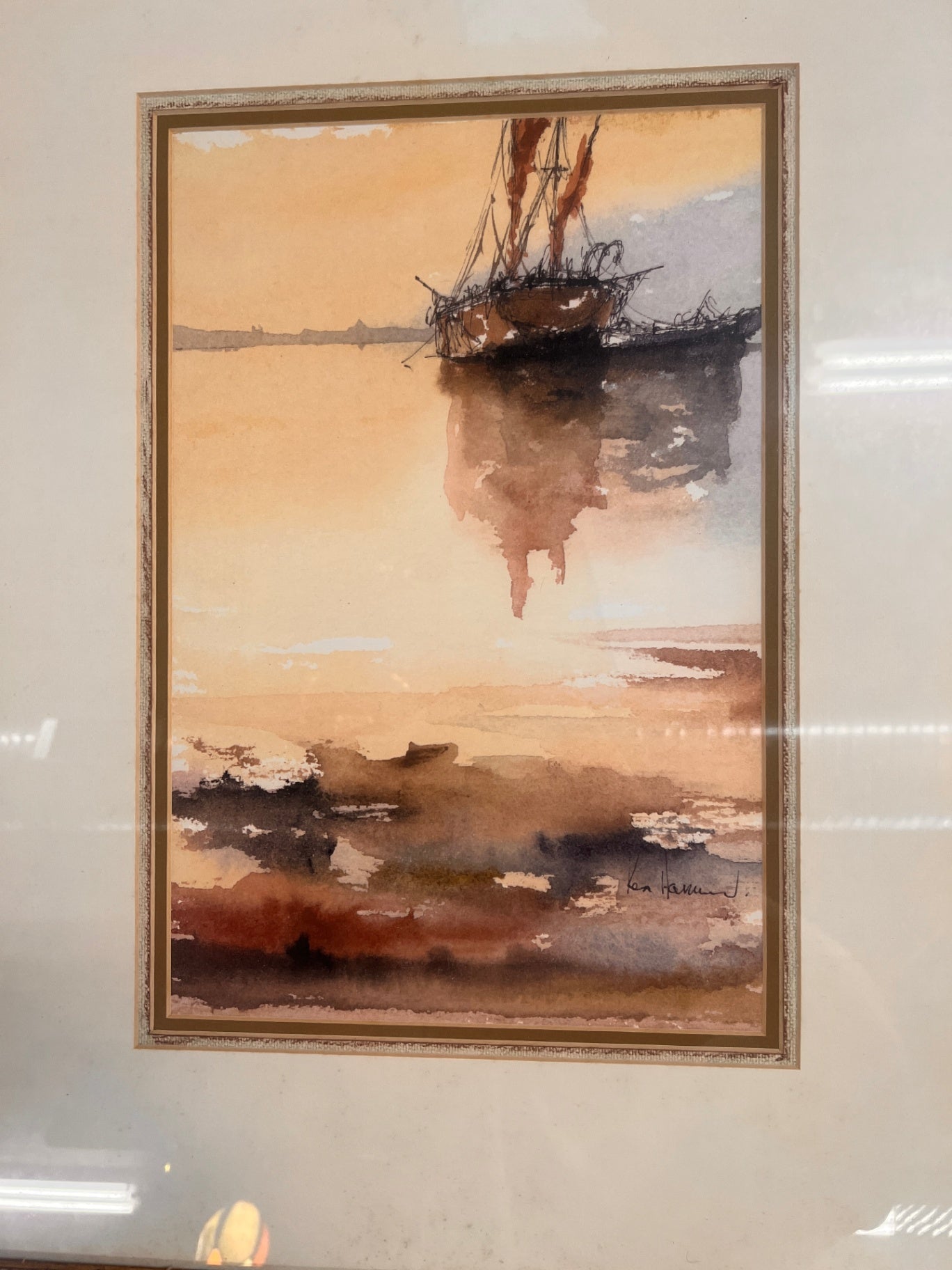 Vintage Ken Harmon Nautical Watercolor – Framed Maritime Sailing Ship Scene