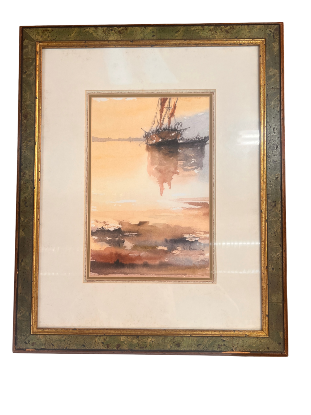 Vintage Ken Harmon Nautical Watercolor – Framed Maritime Sailing Ship Scene