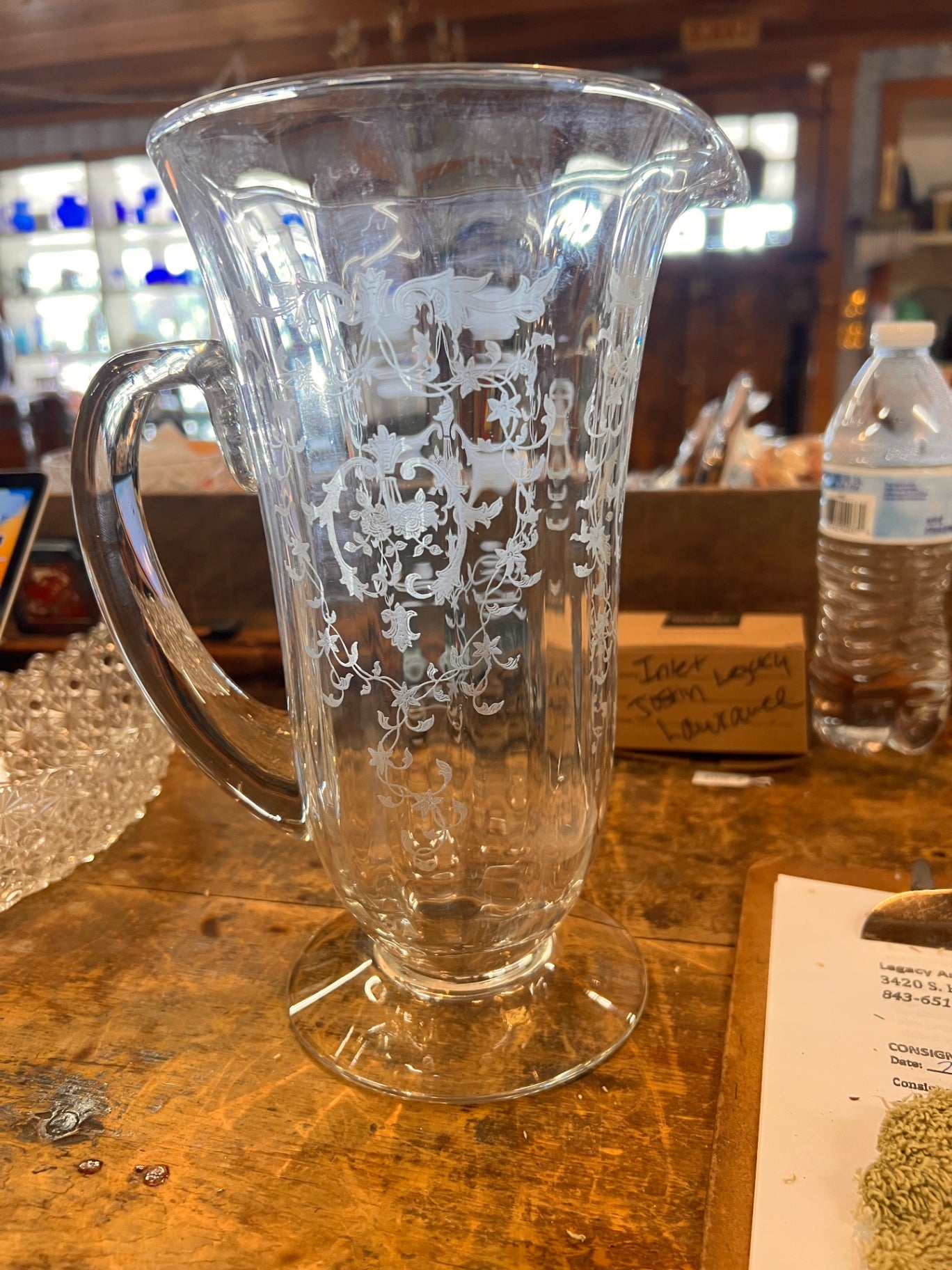 1920s-30s Etched Glass Lemonade Pitcher – Elegant Depression Glass with Floral Basket Design