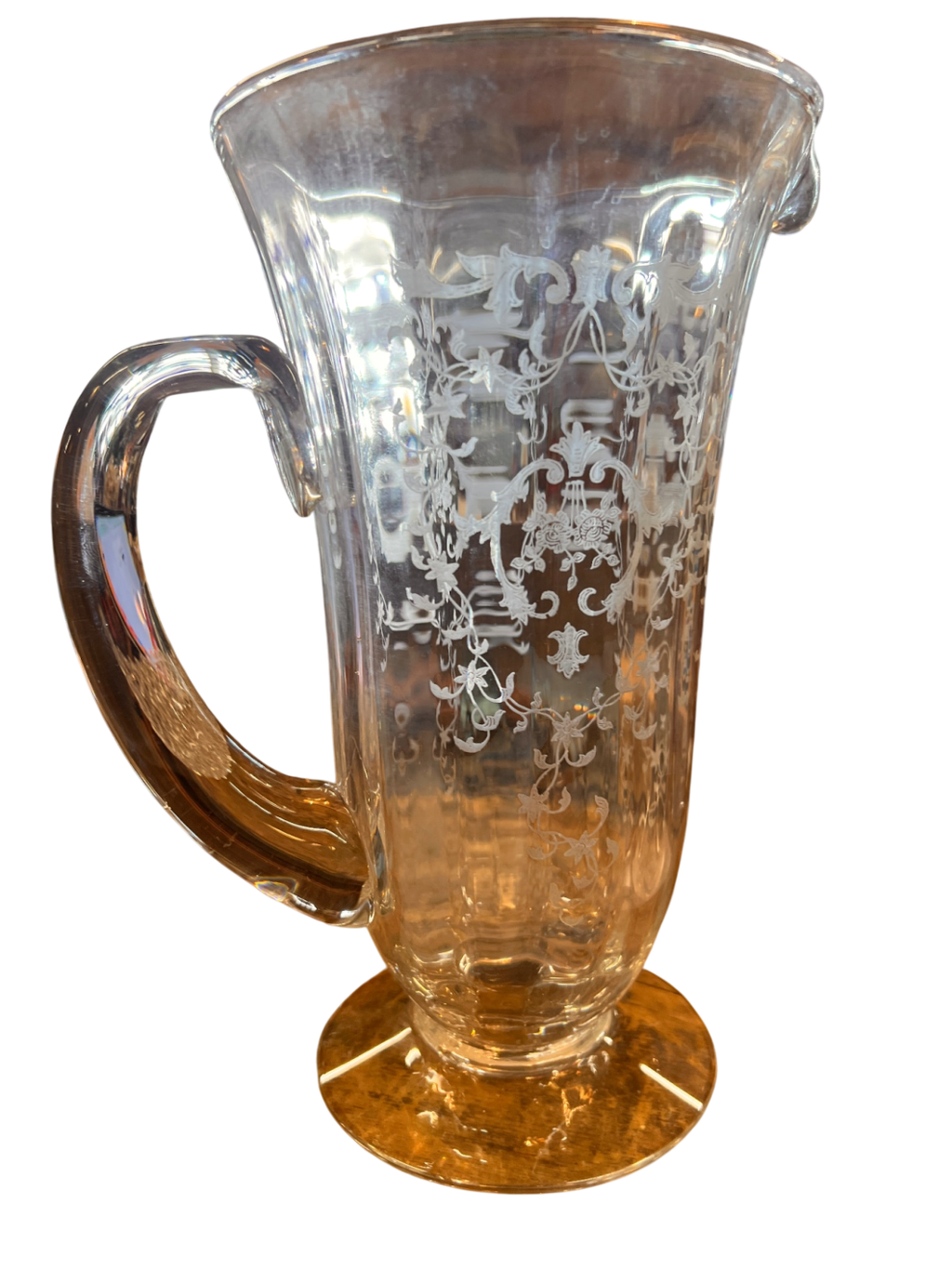 1920s-30s Etched Glass Lemonade Pitcher – Elegant Depression Glass with Floral Basket Design