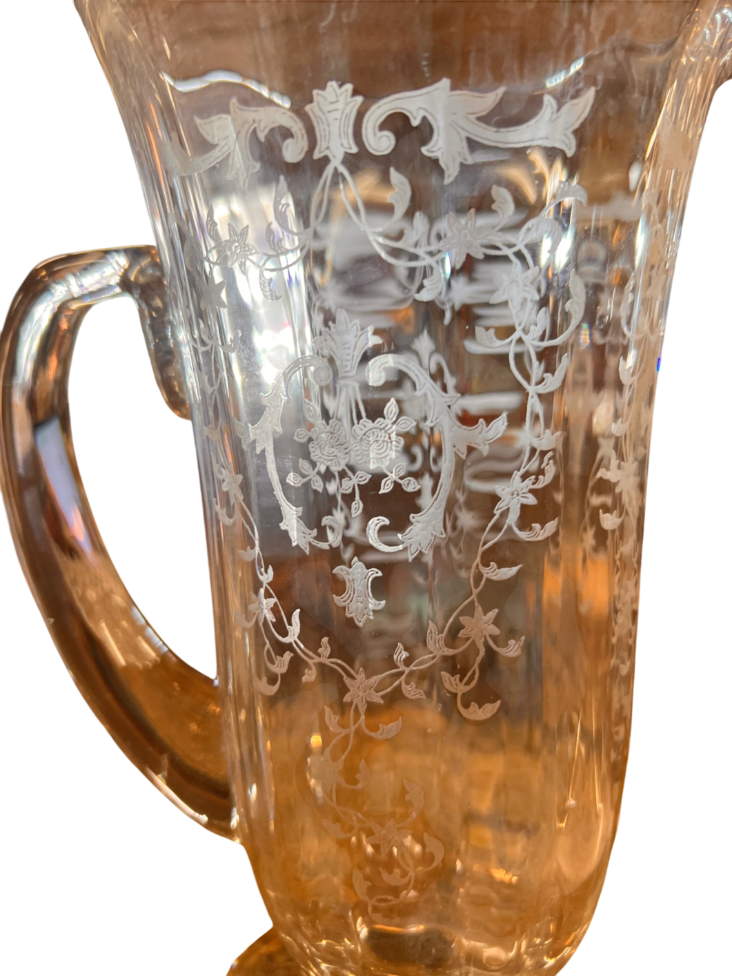 1920s-30s Etched Glass Lemonade Pitcher – Elegant Depression Glass with Floral Basket Design