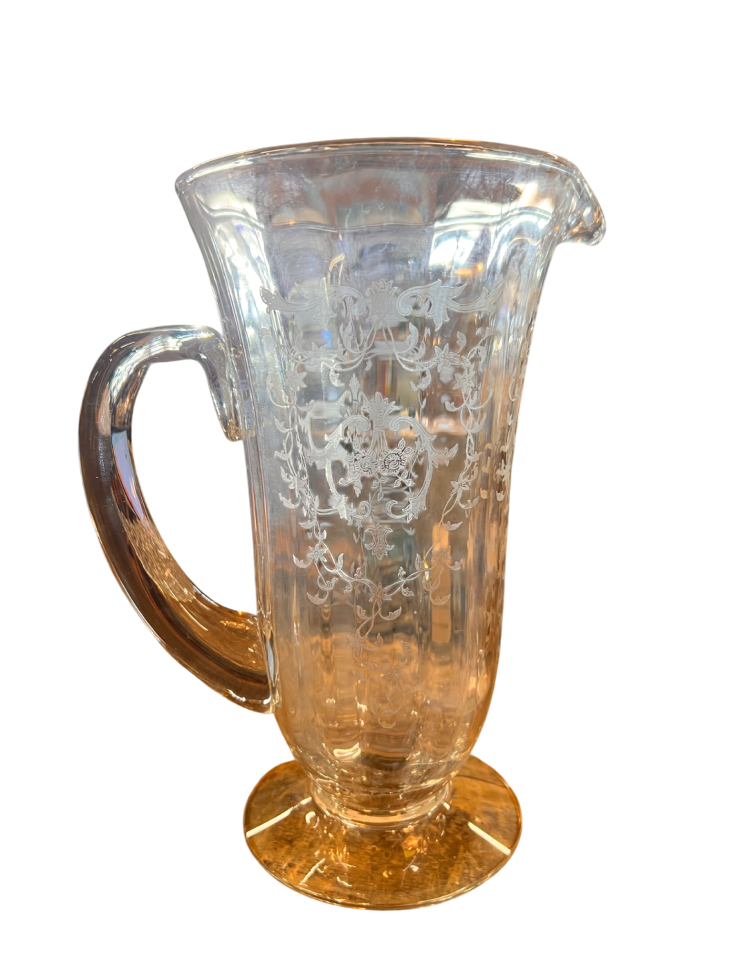 1920s-30s Etched Glass Lemonade Pitcher – Elegant Depression Glass with Floral Basket Design