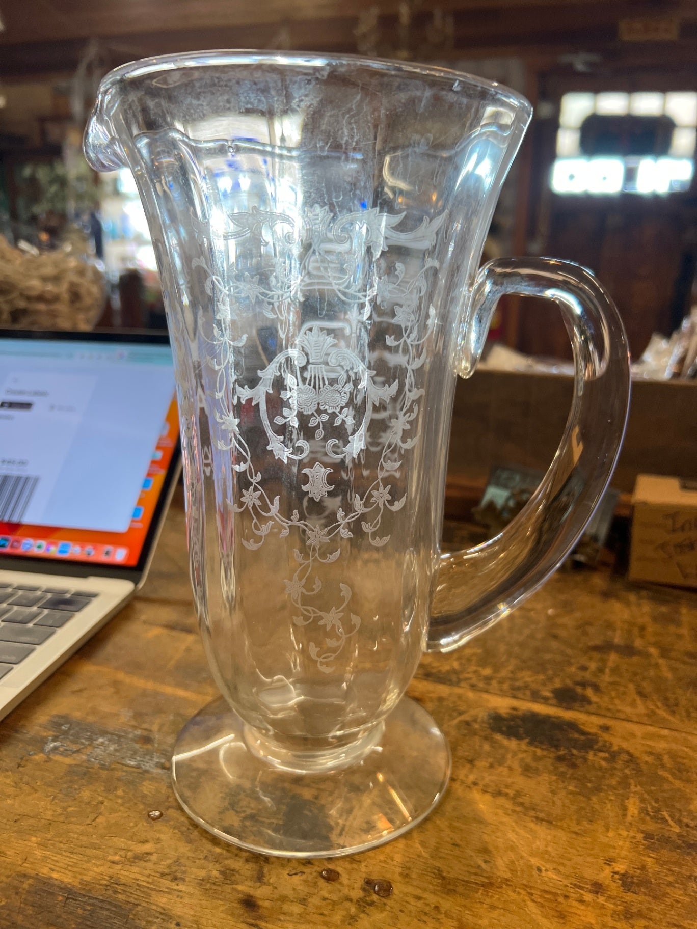 1920s-30s Etched Glass Lemonade Pitcher – Elegant Depression Glass with Floral Basket Design