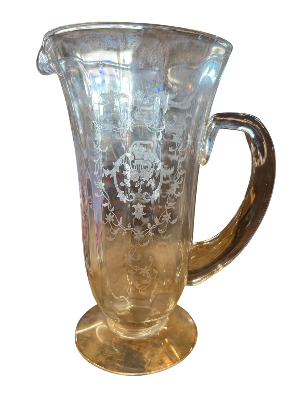 1920s-30s Etched Glass Lemonade Pitcher – Elegant Depression Glass with Floral Basket Design