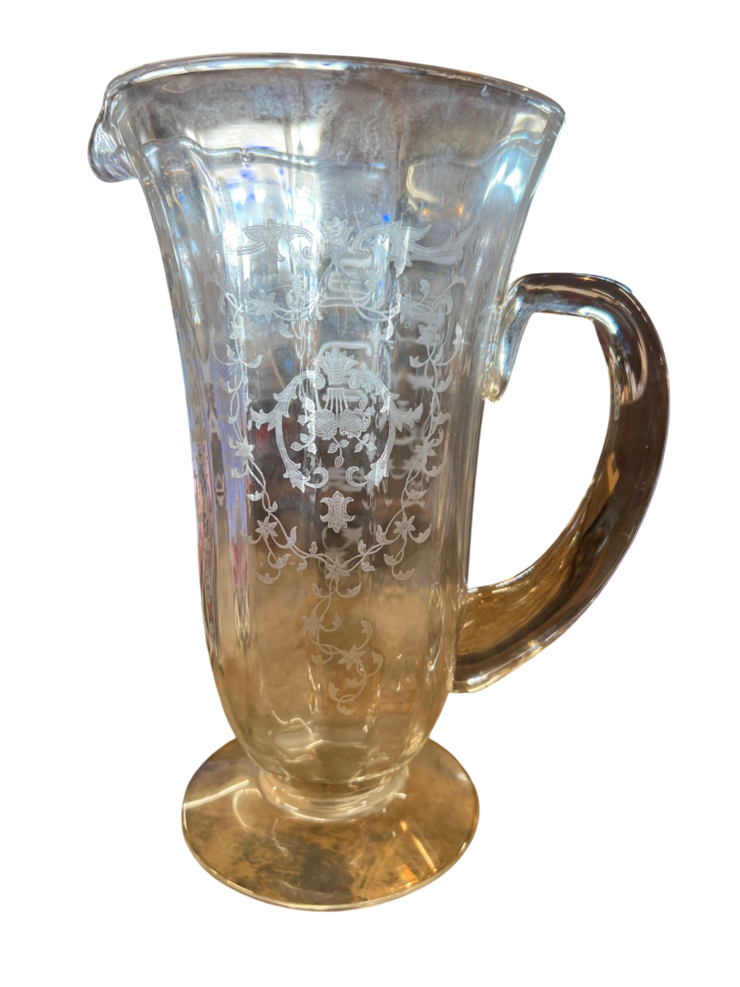 1920s-30s Etched Glass Lemonade Pitcher – Elegant Depression Glass with Floral Basket Design