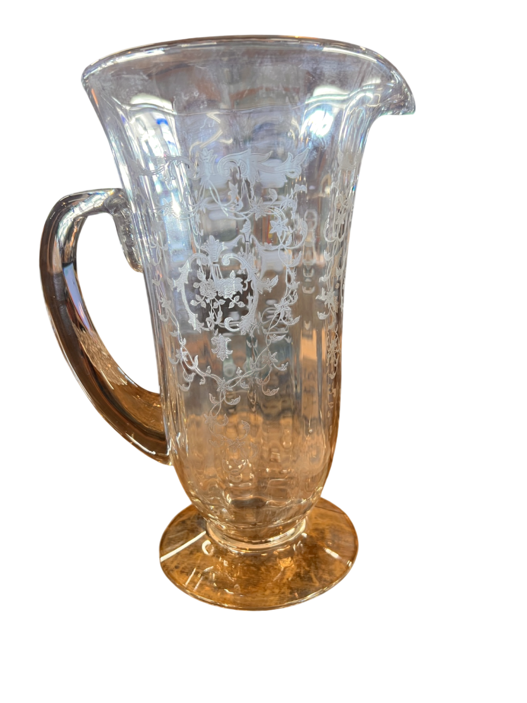 1920s-30s Etched Glass Lemonade Pitcher – Elegant Depression Glass with Floral Basket Design
