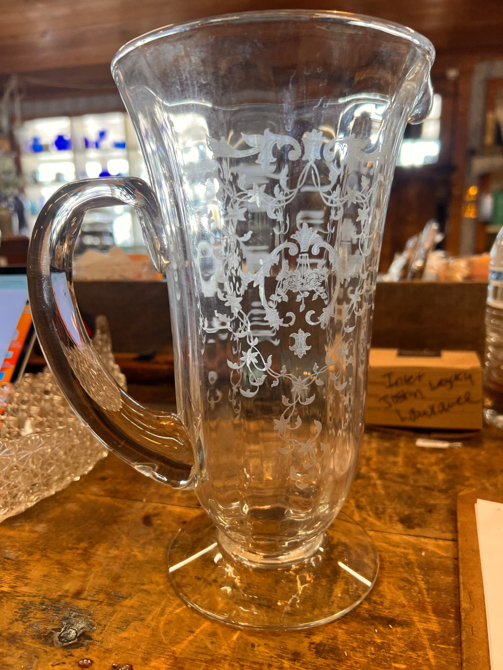 1920s-30s Etched Glass Lemonade Pitcher – Elegant Depression Glass with Floral Basket Design