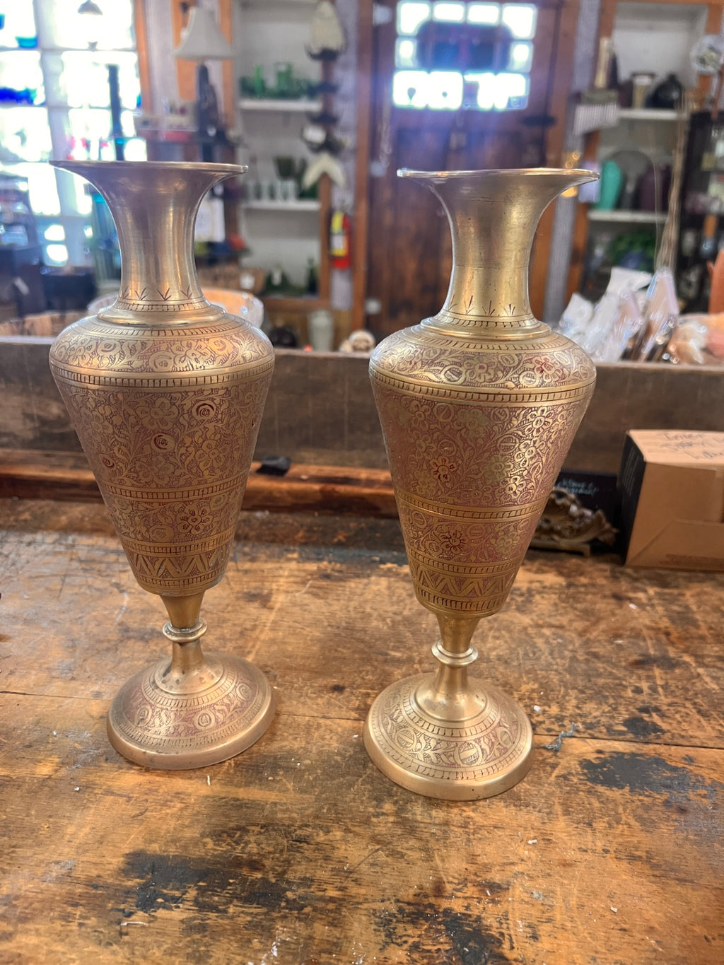 Pair of Vintage Hand-Etched Brass Vases from India (Two Different Floral Patterns)