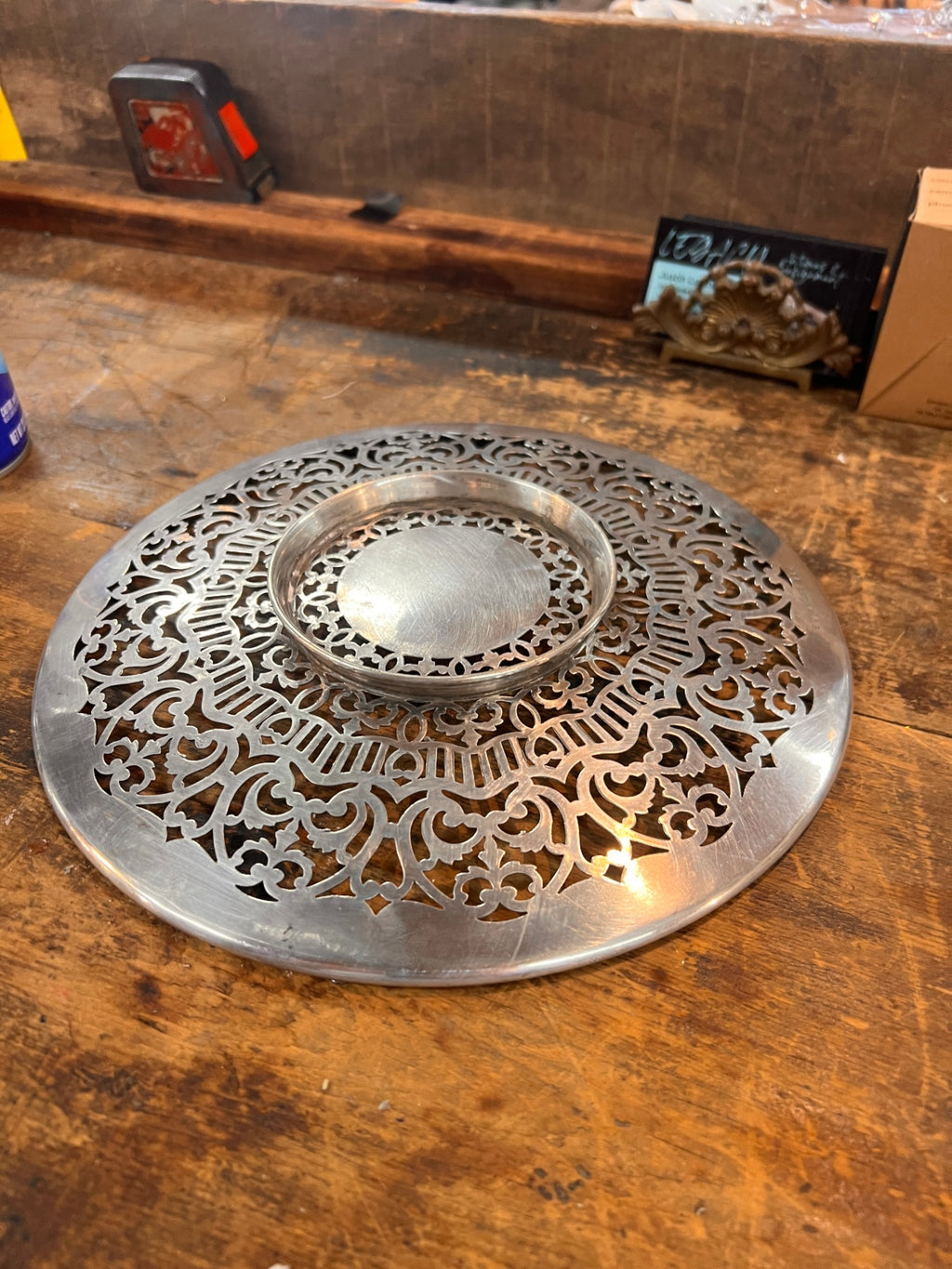 Vintage pierced silver plate (reticulated) trivet or coaster – marked "Silver Deposit on Nickel Silver" – likely from early 1900s