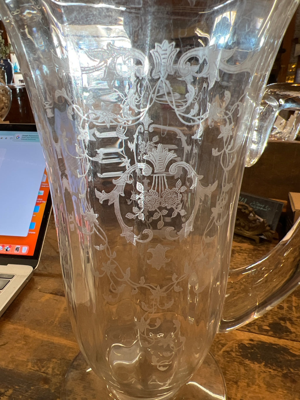 1920s-30s Etched Glass Lemonade Pitcher – Elegant Depression Glass with Floral Basket Design