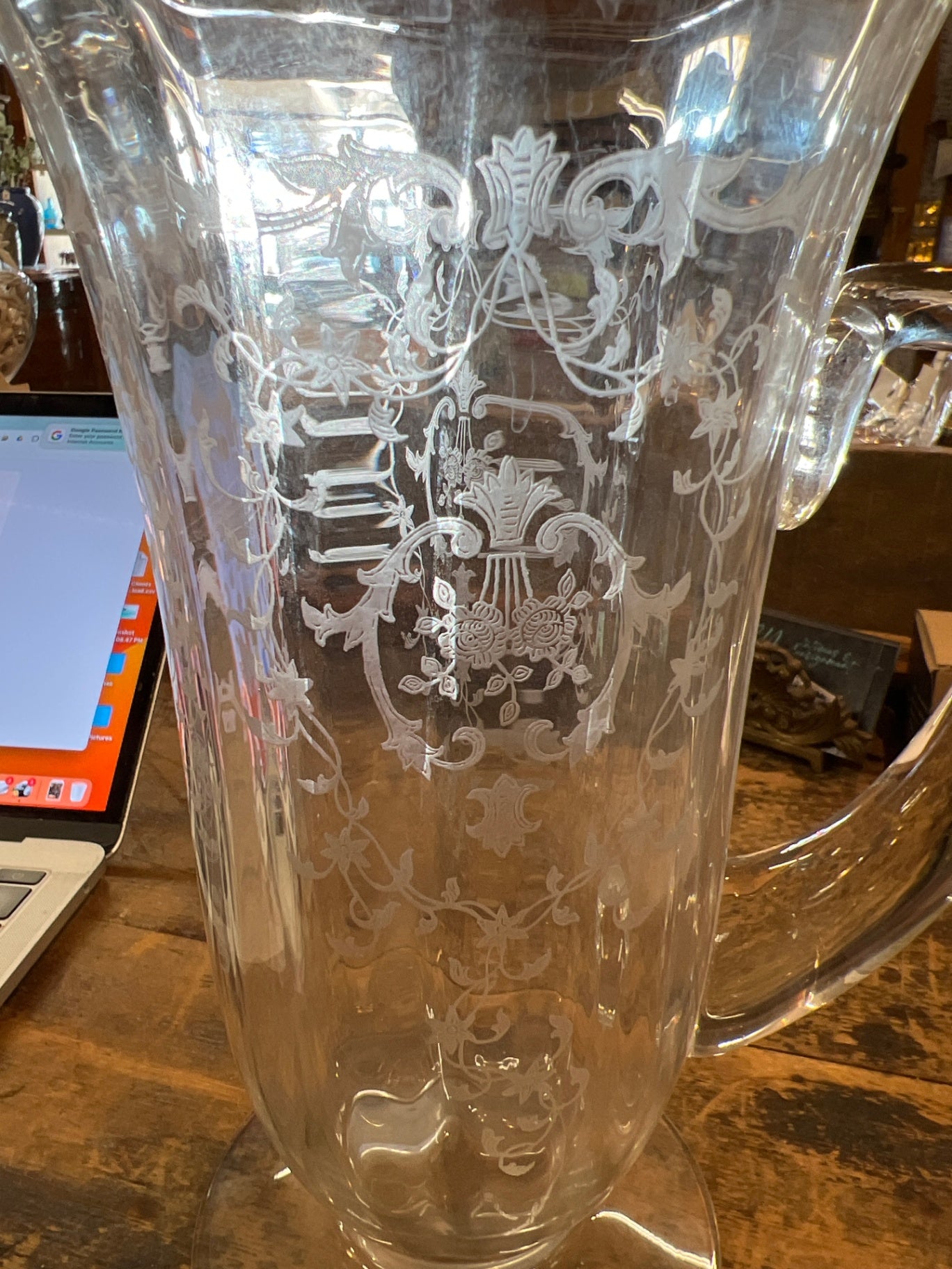 1920s-30s Etched Glass Lemonade Pitcher – Elegant Depression Glass with Floral Basket Design