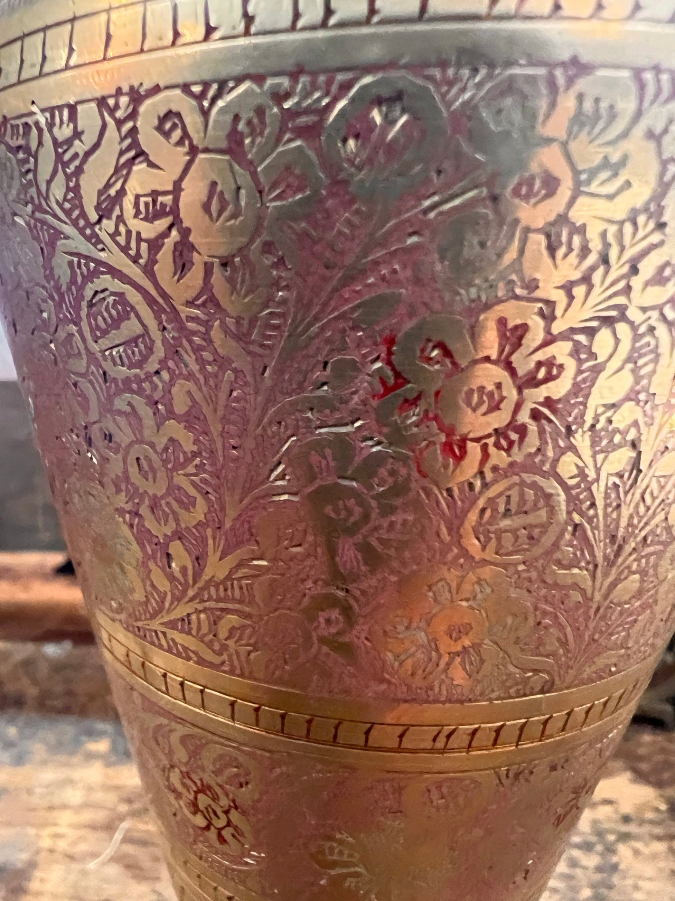 Pair of Vintage Hand-Etched Brass Vases from India (Two Different Floral Patterns)