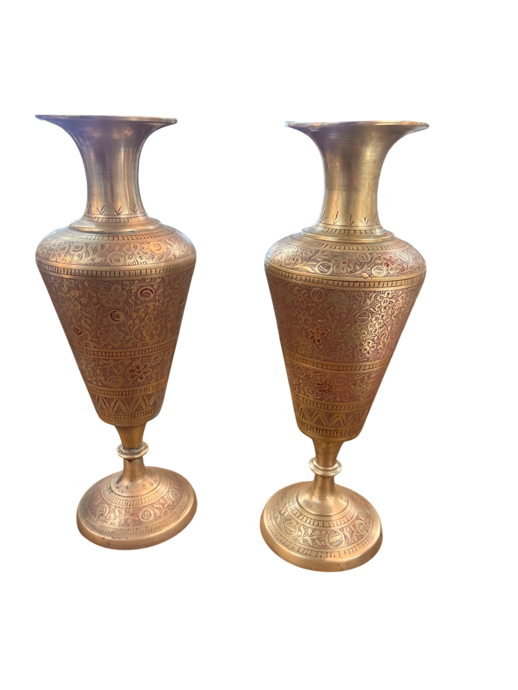 Pair of Vintage Hand-Etched Brass Vases from India (Two Different Floral Patterns)
