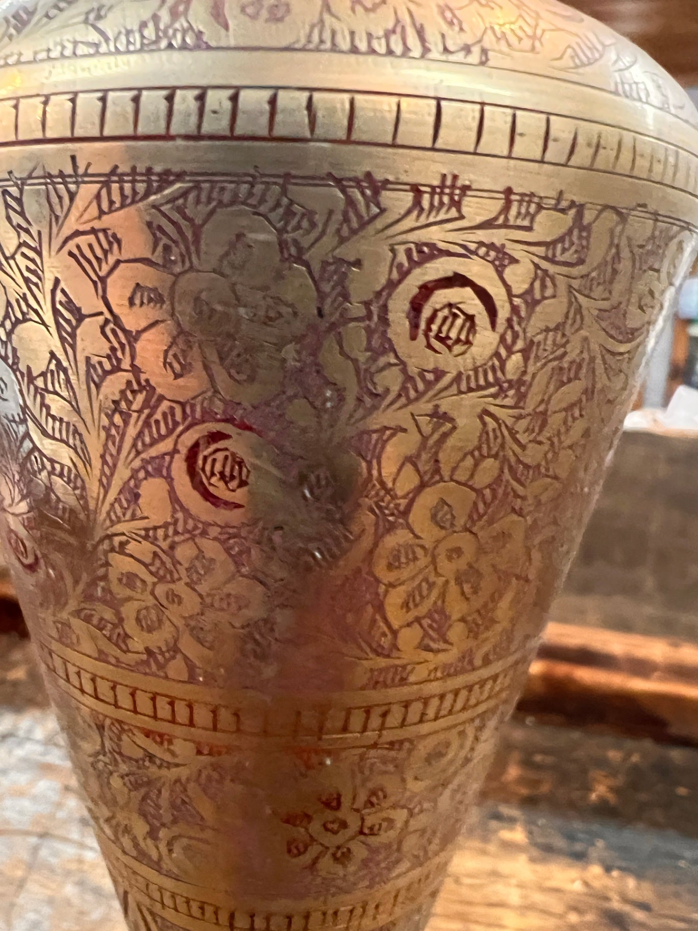 Pair of Vintage Hand-Etched Brass Vases from India (Two Different Floral Patterns)