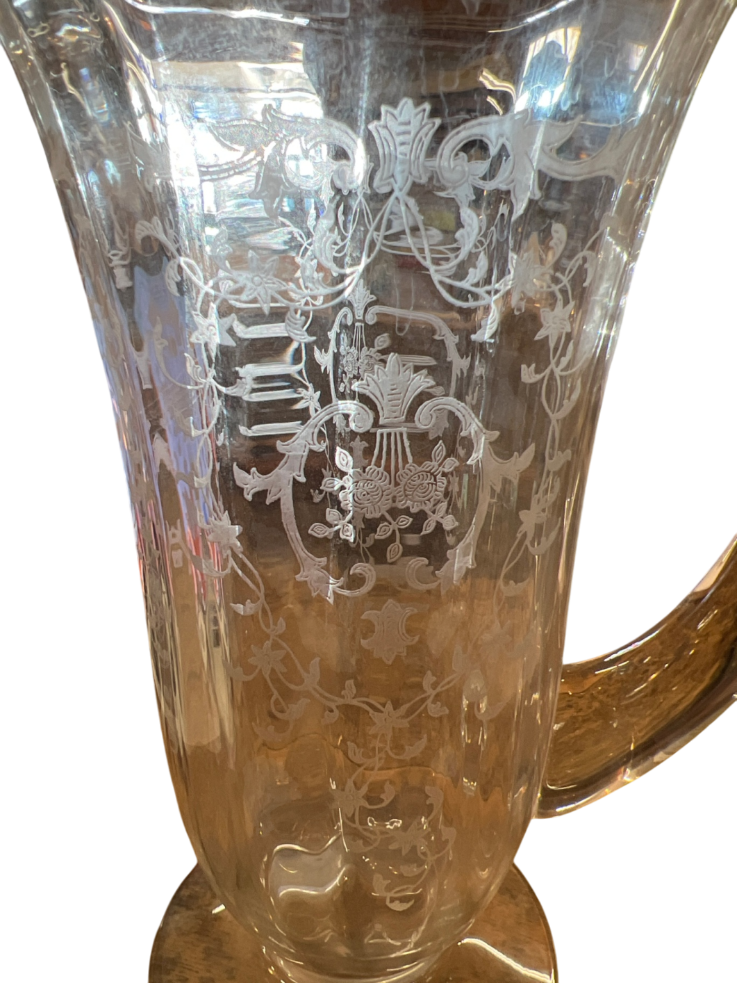 1920s-30s Etched Glass Lemonade Pitcher – Elegant Depression Glass with Floral Basket Design