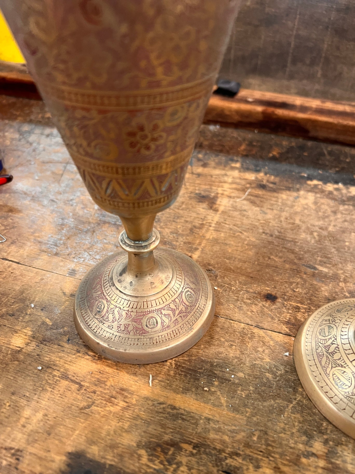 Pair of Vintage Hand-Etched Brass Vases from India (Two Different Floral Patterns)