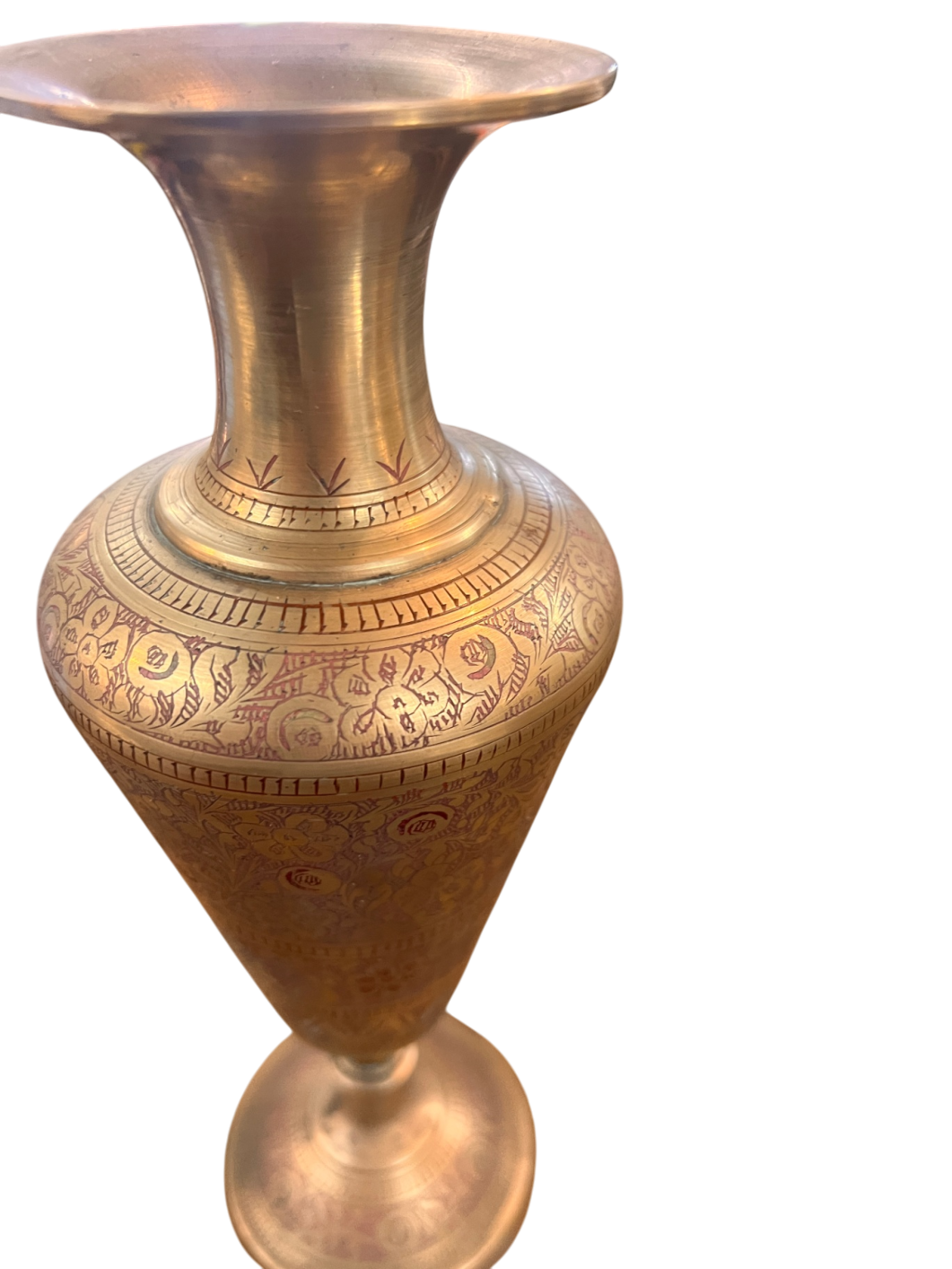 Pair of Vintage Hand-Etched Brass Vases from India (Two Different Floral Patterns)