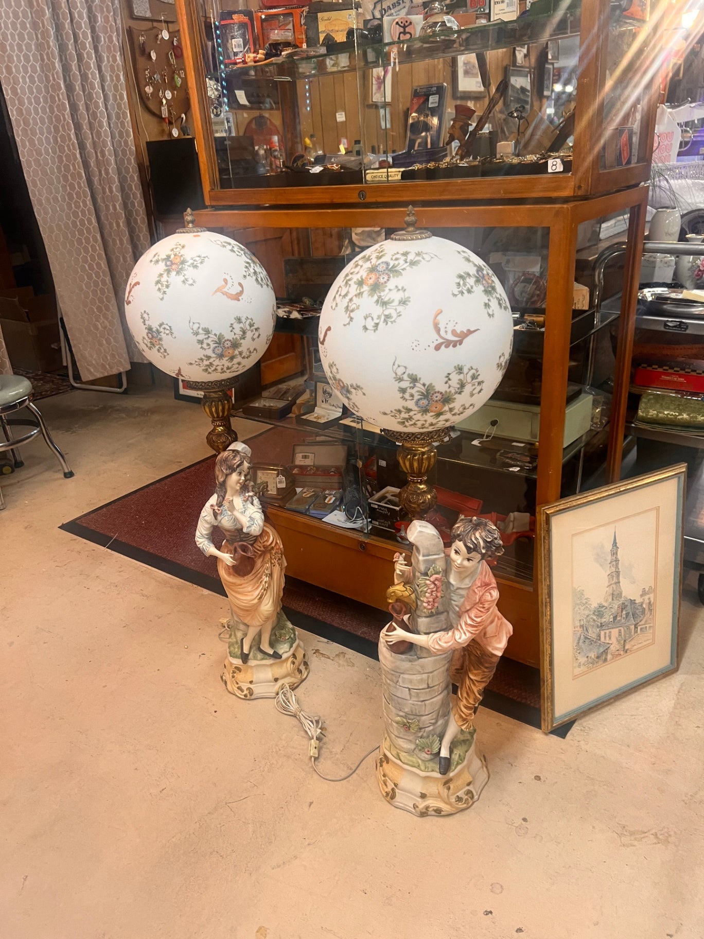 Vintage Italian Capodimonte Style Figural Lamps – Pair w/ Hand-Painted Porcelain & Globe Shades