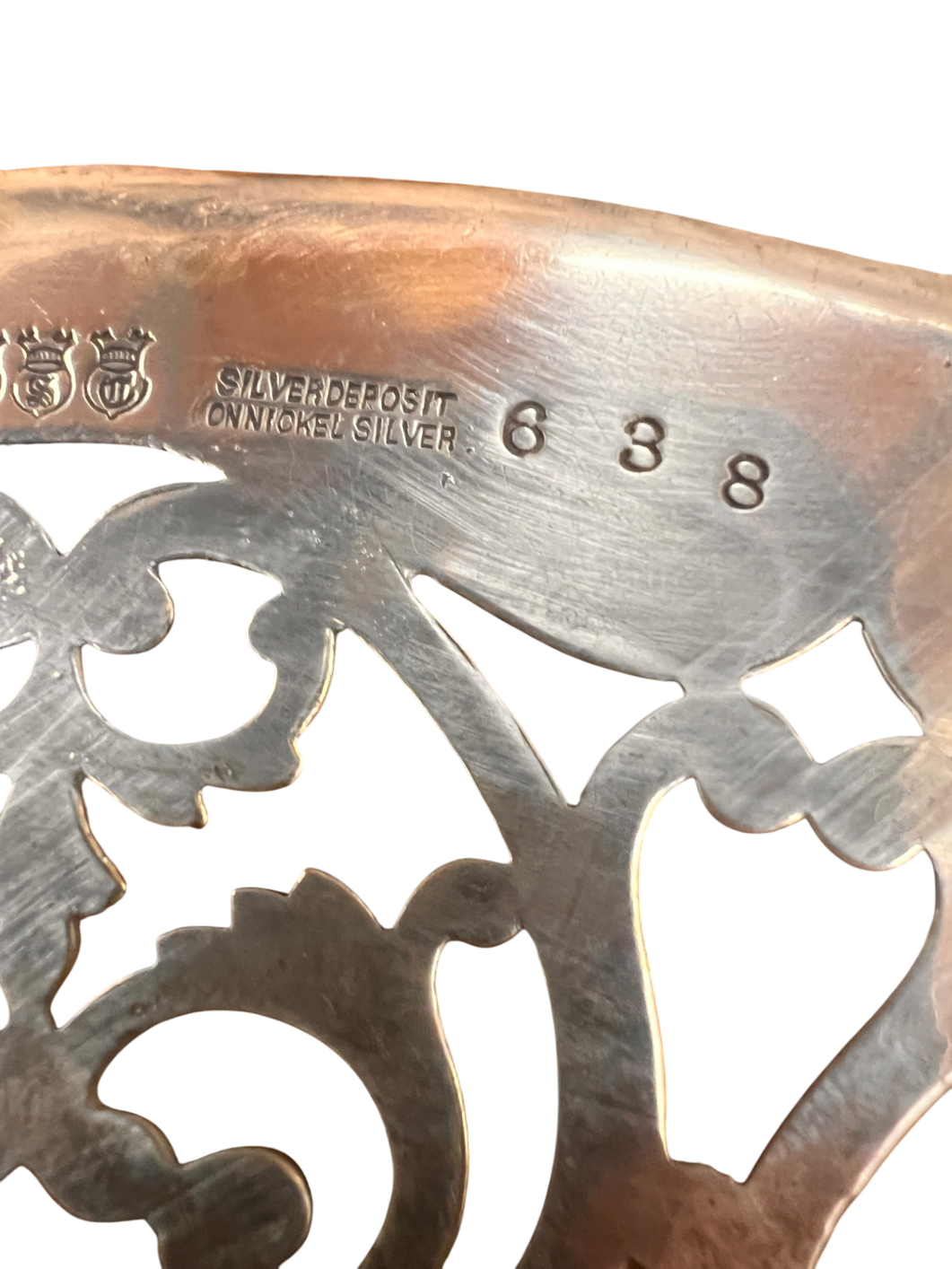 Vintage pierced silver plate (reticulated) trivet or coaster – marked "Silver Deposit on Nickel Silver" – likely from early 1900s