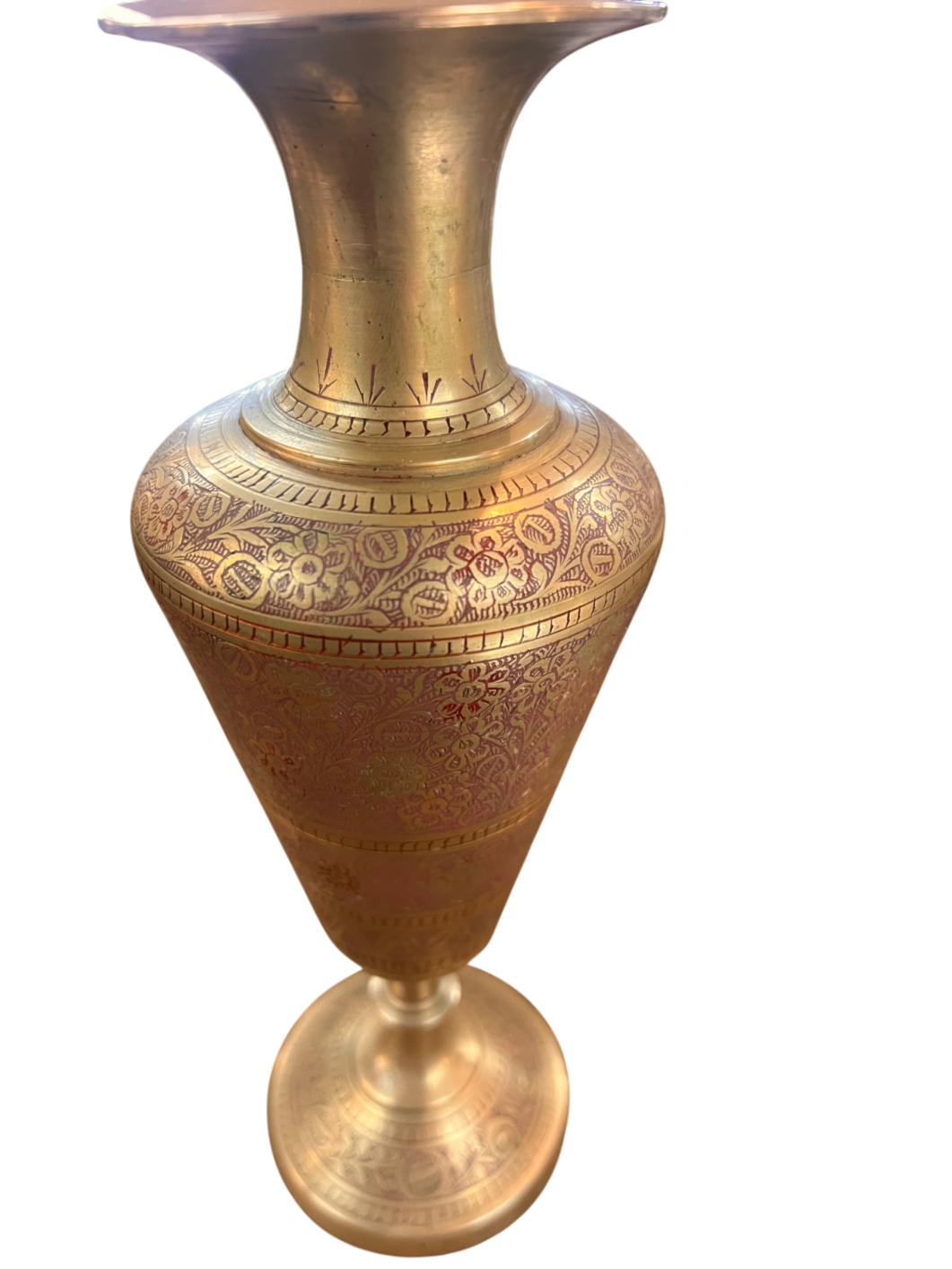 Pair of Vintage Hand-Etched Brass Vases from India (Two Different Floral Patterns)