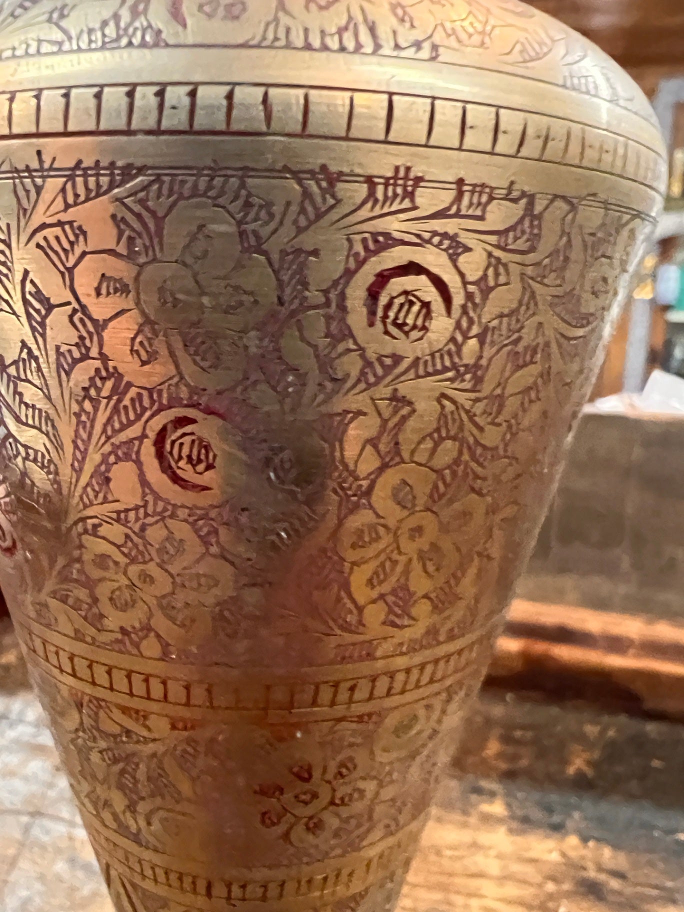 Pair of Vintage Hand-Etched Brass Vases from India (Two Different Floral Patterns)