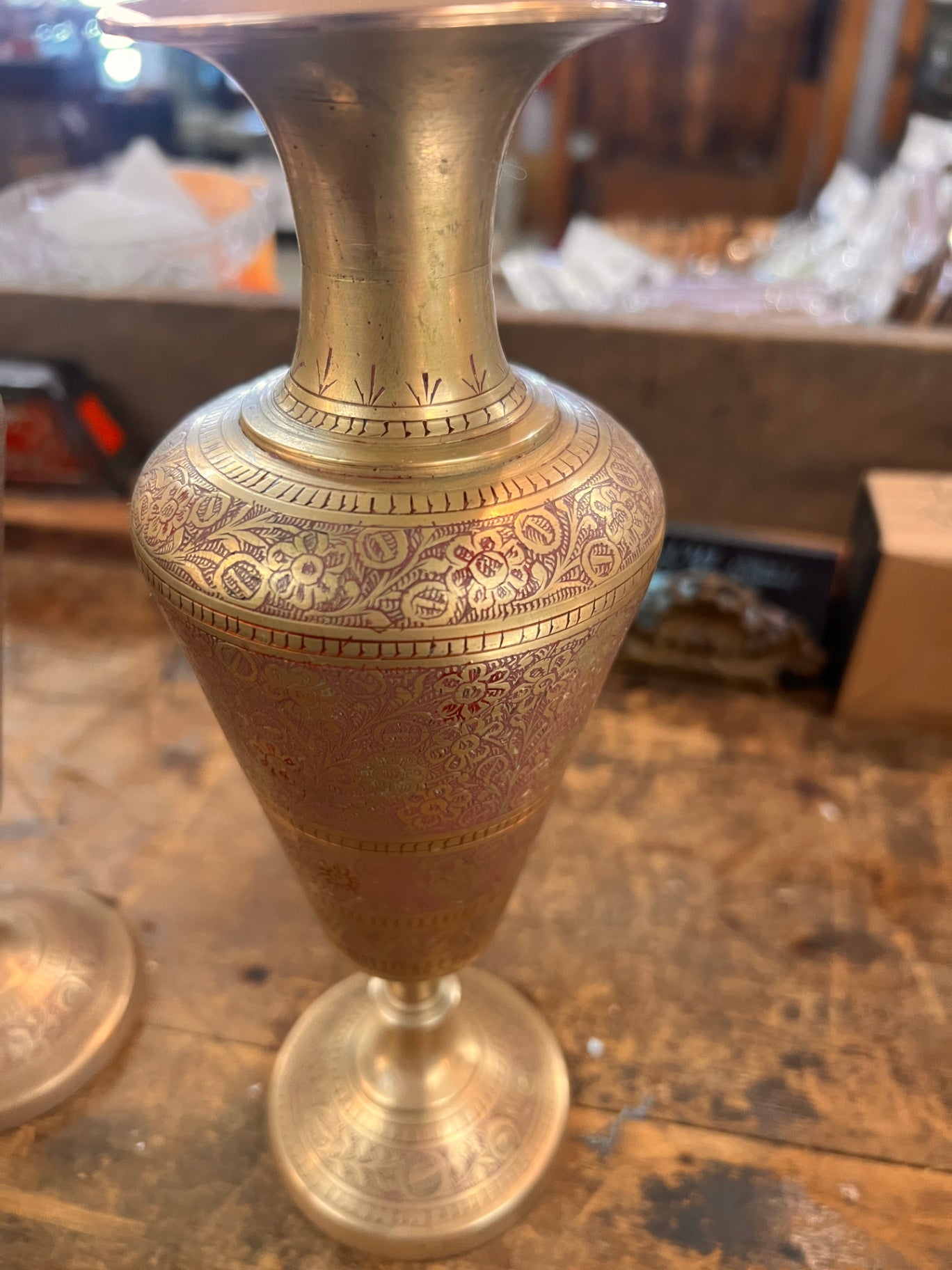 Pair of Vintage Hand-Etched Brass Vases from India (Two Different Floral Patterns)