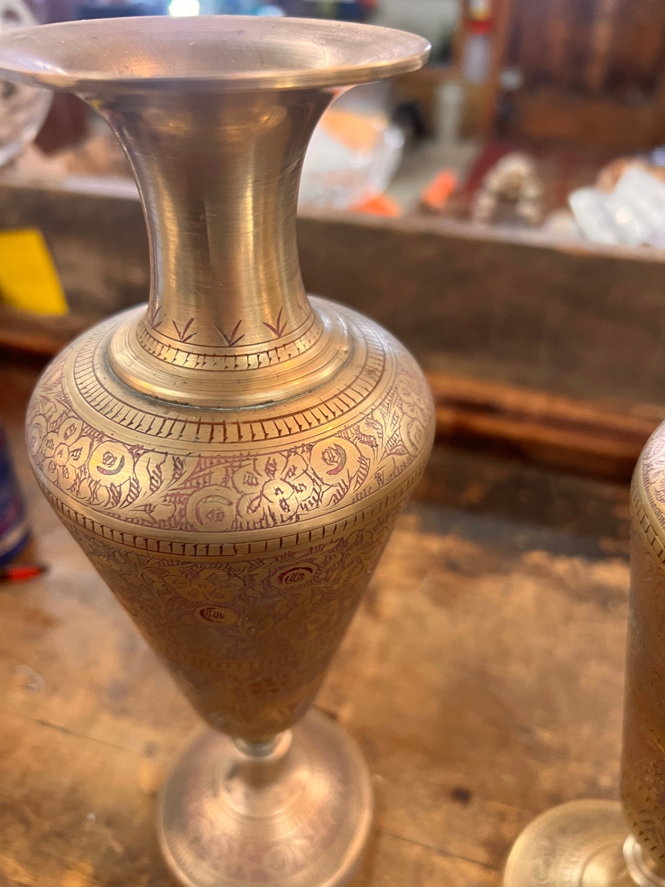 Pair of Vintage Hand-Etched Brass Vases from India (Two Different Floral Patterns)
