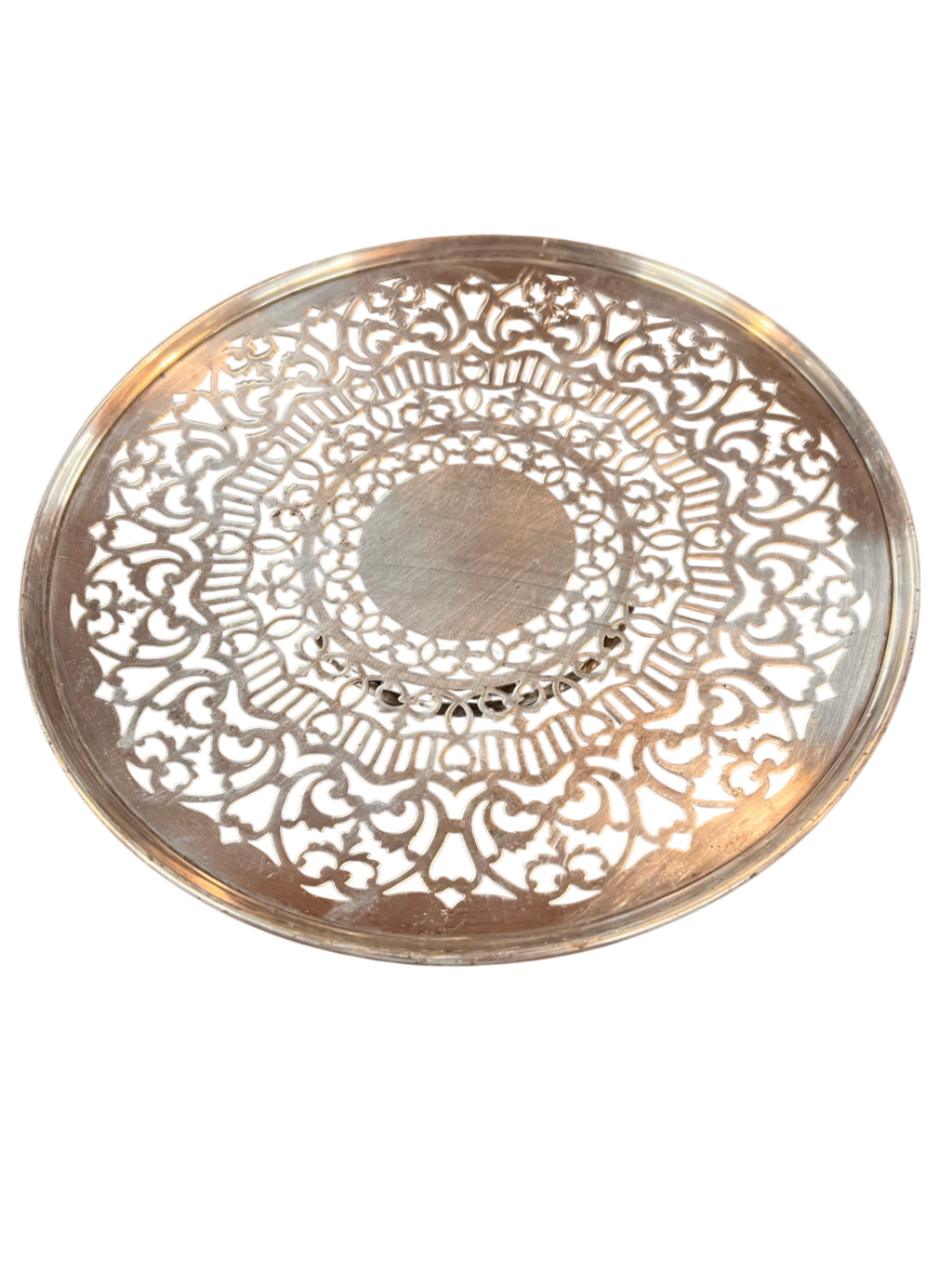 Vintage pierced silver plate (reticulated) trivet or coaster – marked "Silver Deposit on Nickel Silver" – likely from early 1900s