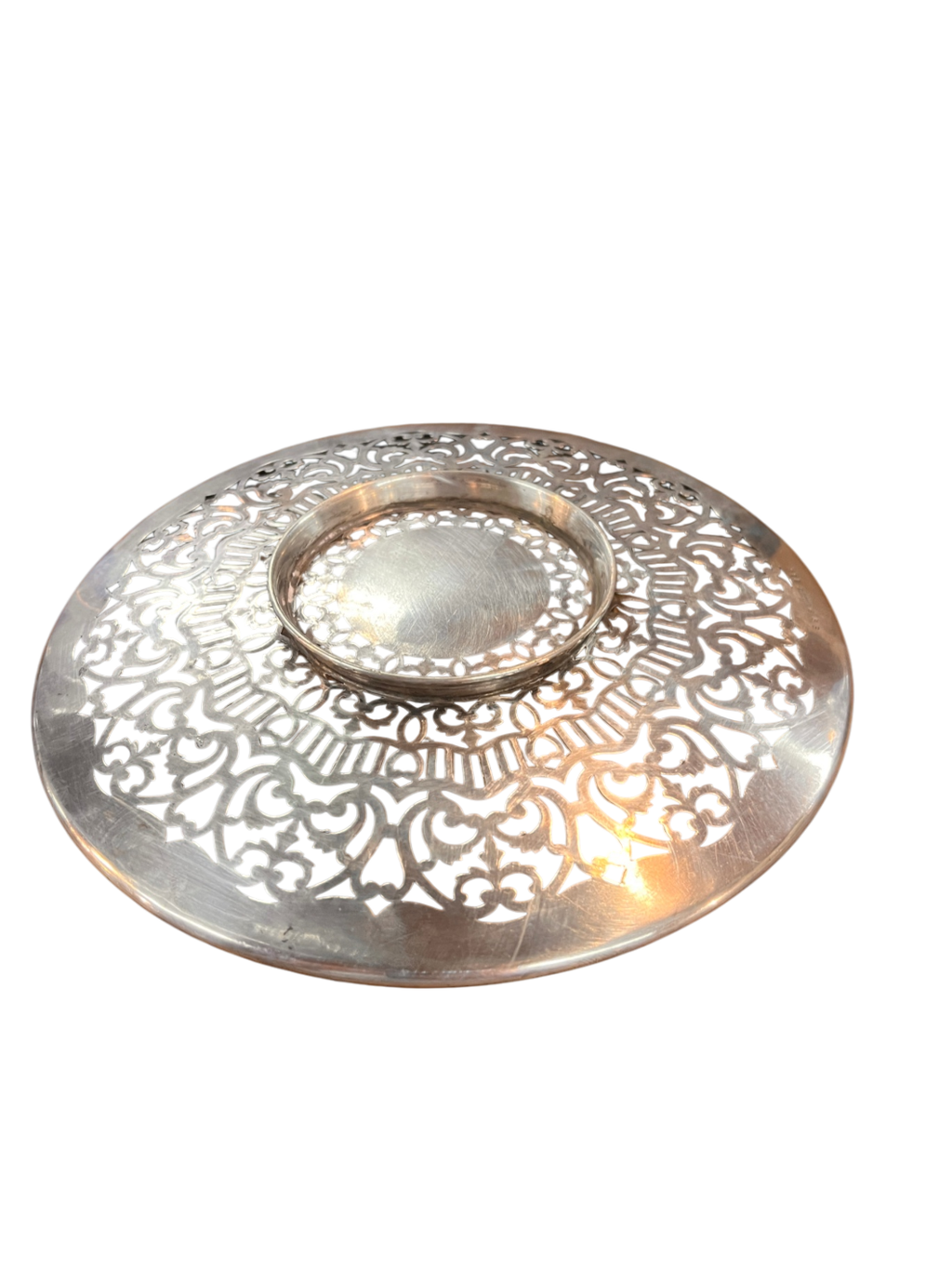Vintage pierced silver plate (reticulated) trivet or coaster – marked "Silver Deposit on Nickel Silver" – likely from early 1900s