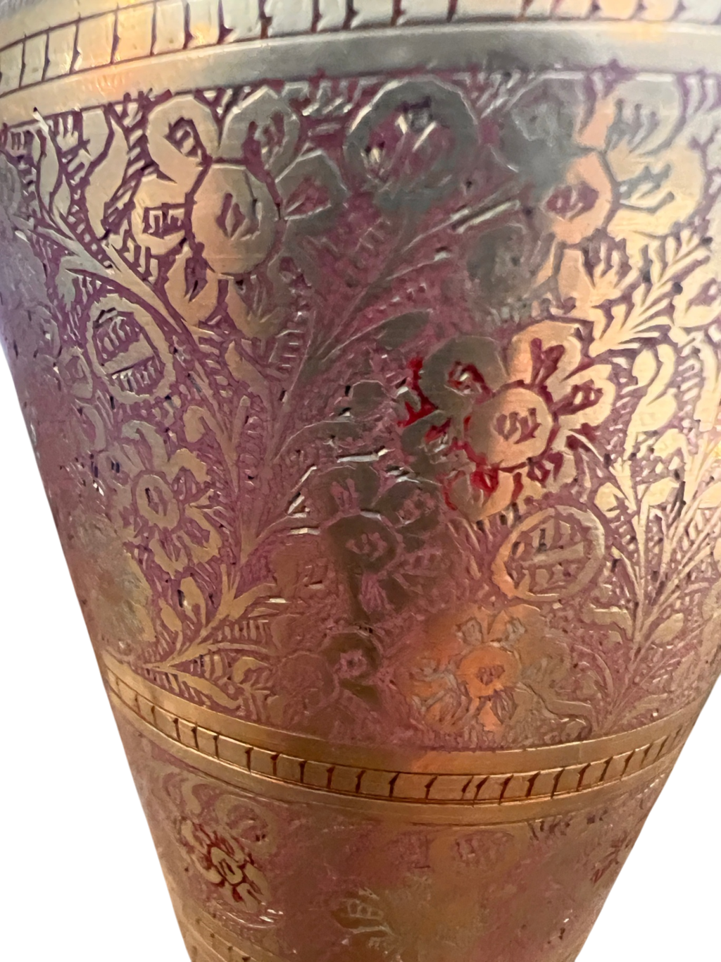 Pair of Vintage Hand-Etched Brass Vases from India (Two Different Floral Patterns)