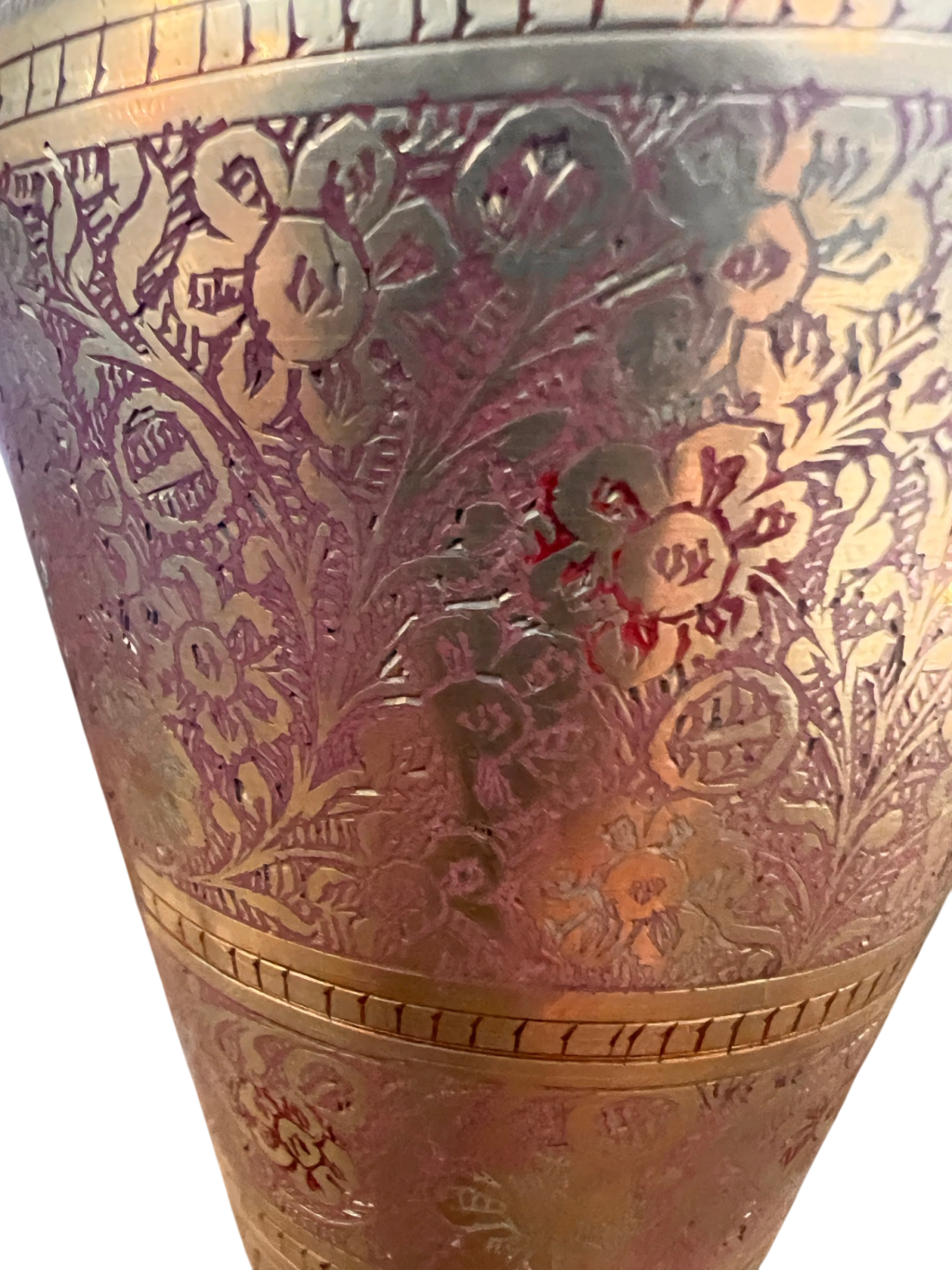 Pair of Vintage Hand-Etched Brass Vases from India (Two Different Floral Patterns)