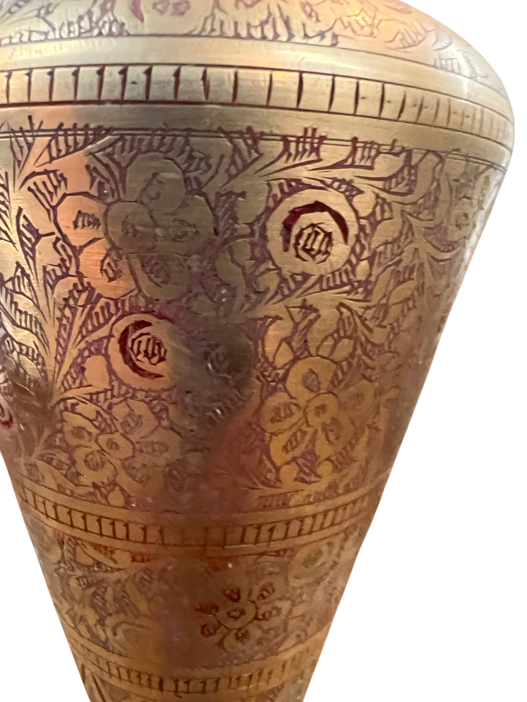 Pair of Vintage Hand-Etched Brass Vases from India (Two Different Floral Patterns)