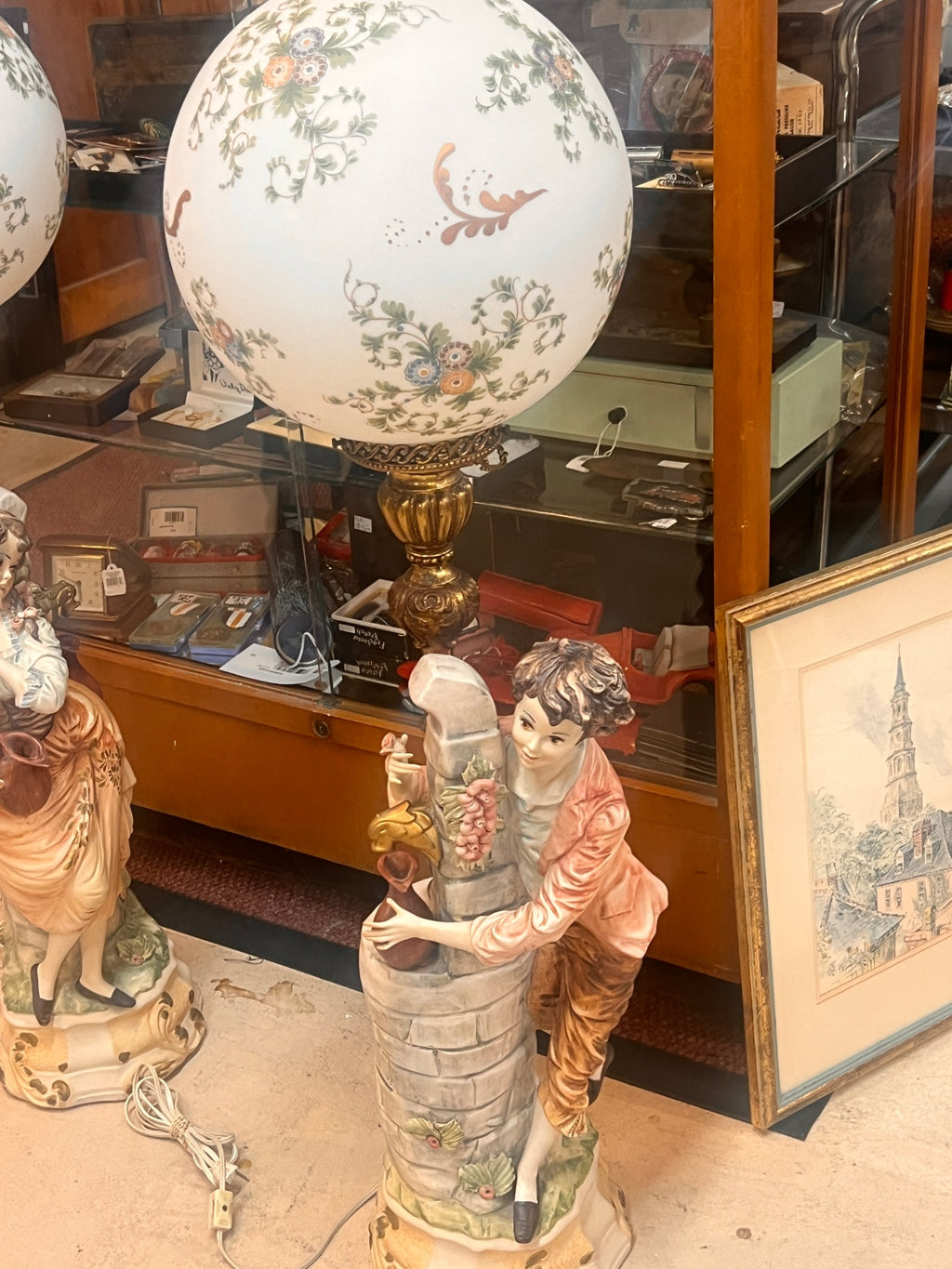 Vintage Italian Capodimonte Style Figural Lamps – Pair w/ Hand-Painted Porcelain & Globe Shades
