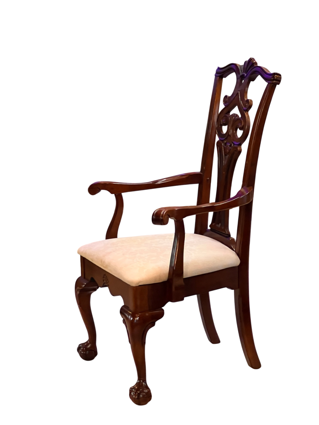 Antique Wooden Armchair Dark Brown Wood and Upholstery