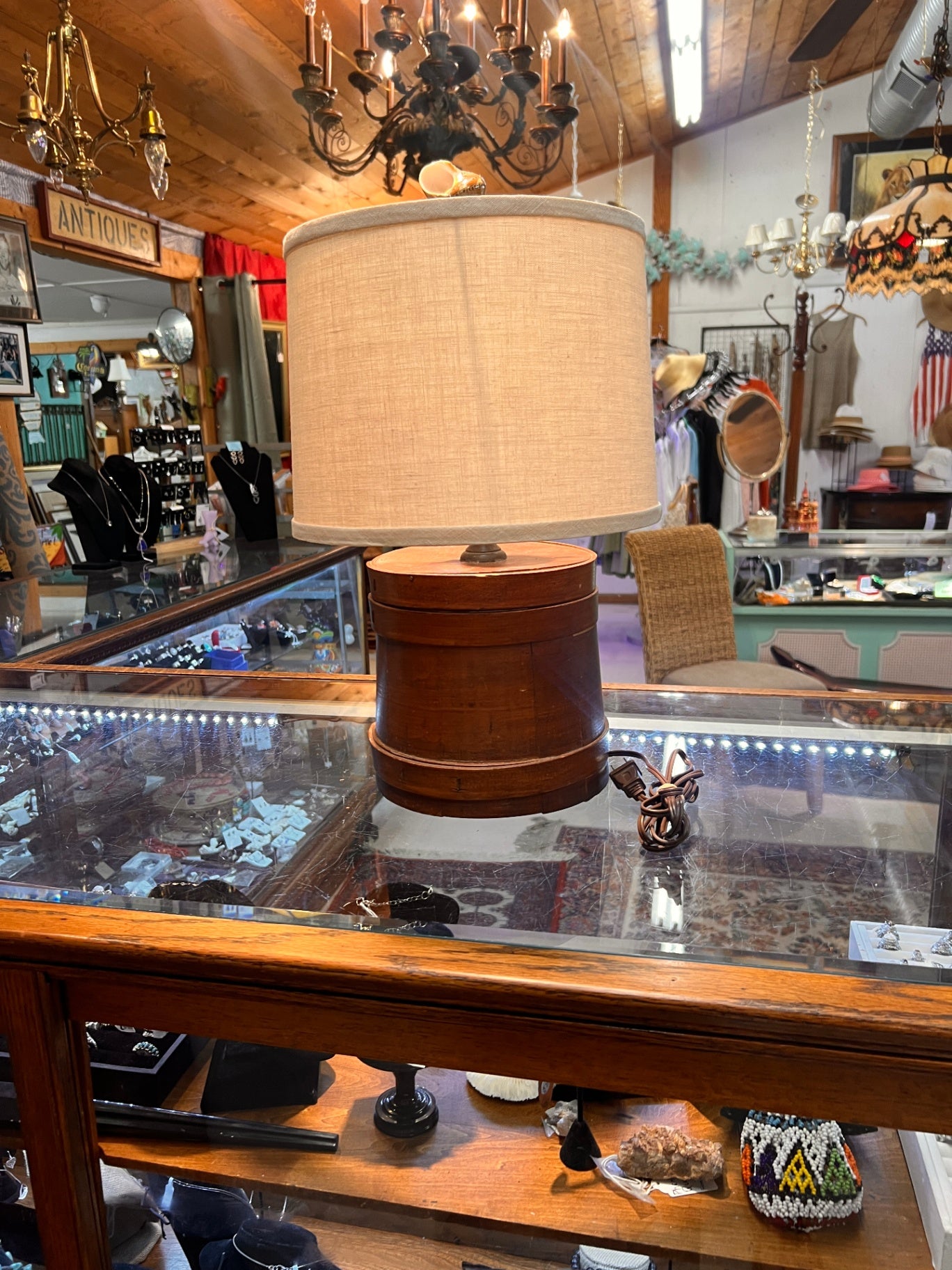 Rustic Table Lamp Made from Antique Wooden Firkin – Farmhouse Americana Decor