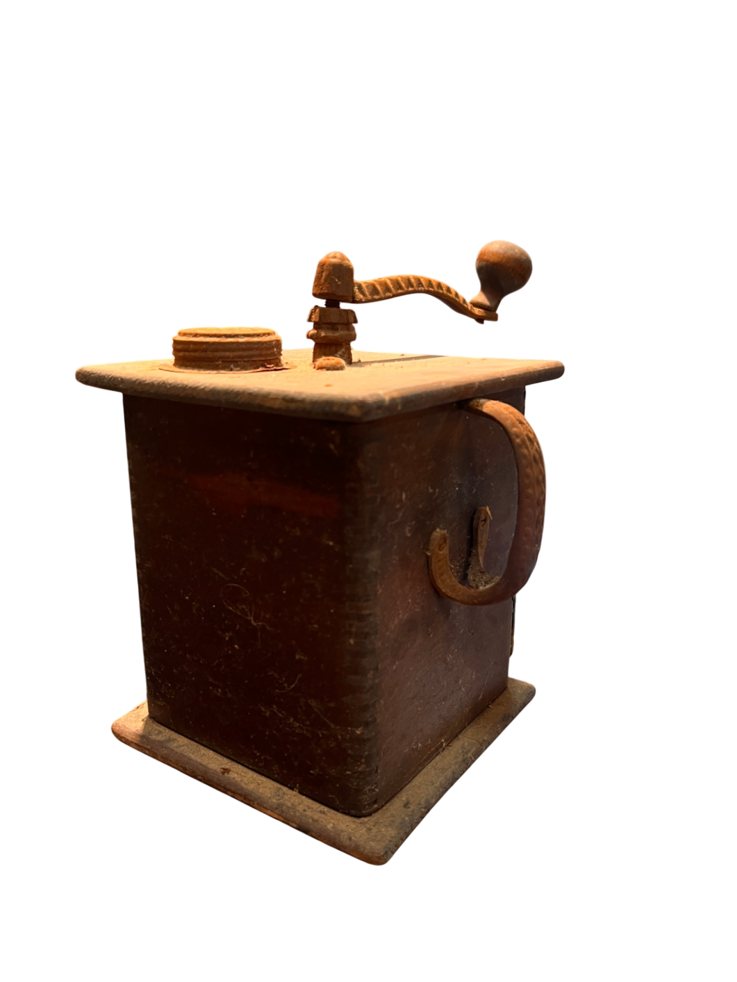 Antique Wooden Coffee Grinder with Cast Iron Crank and Pull-Out Drawer – Early 1900s Countertop Mill