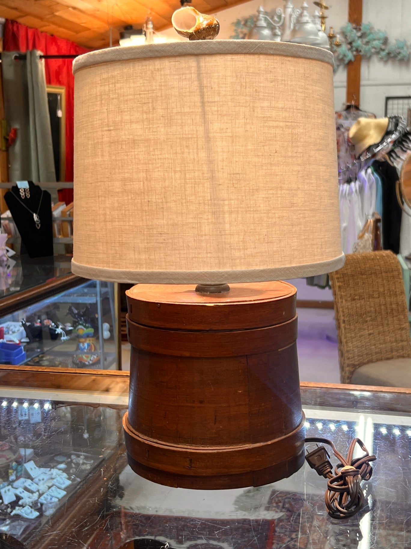 Rustic Table Lamp Made from Antique Wooden Firkin – Farmhouse Americana Decor