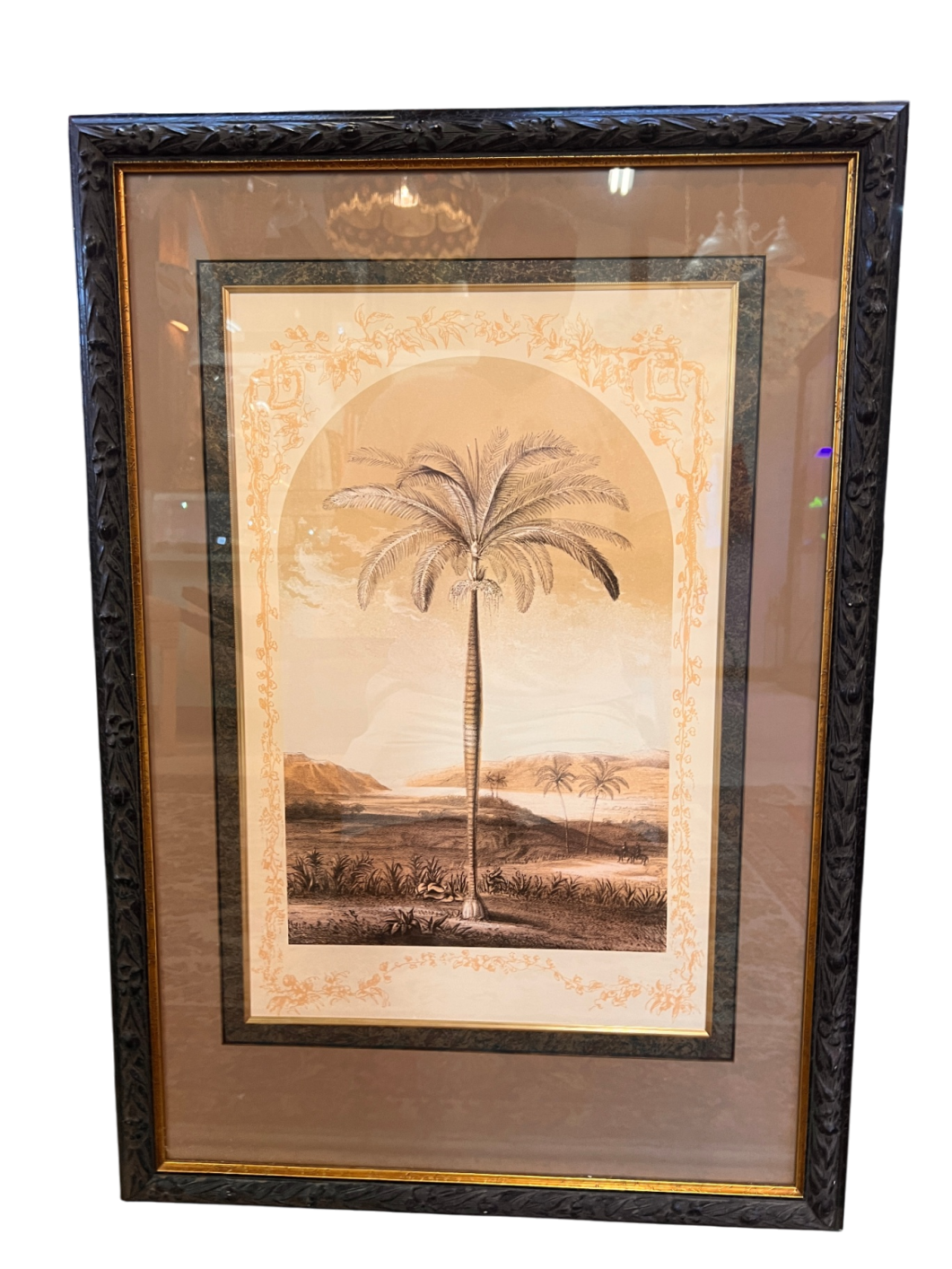 Antique-Style Botanical Print – Tropical Palm Landscape (Framed)