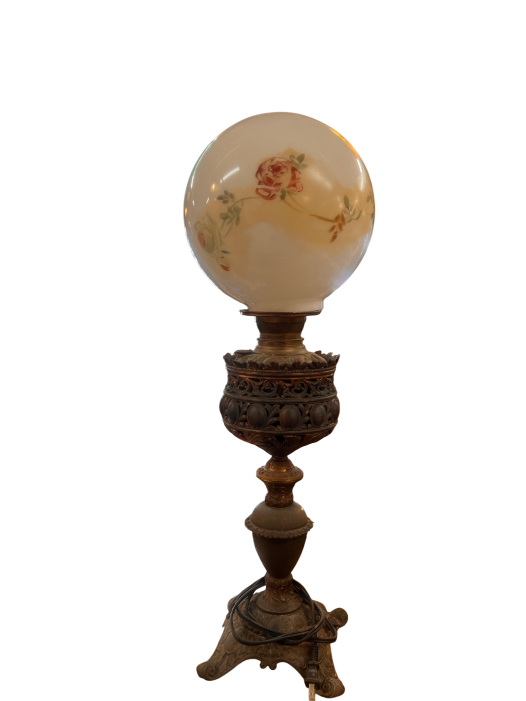 Antique Victorian “Gone with the Wind” Parlor Lamp – Hand-Painted Floral Globe – Converted to Electric