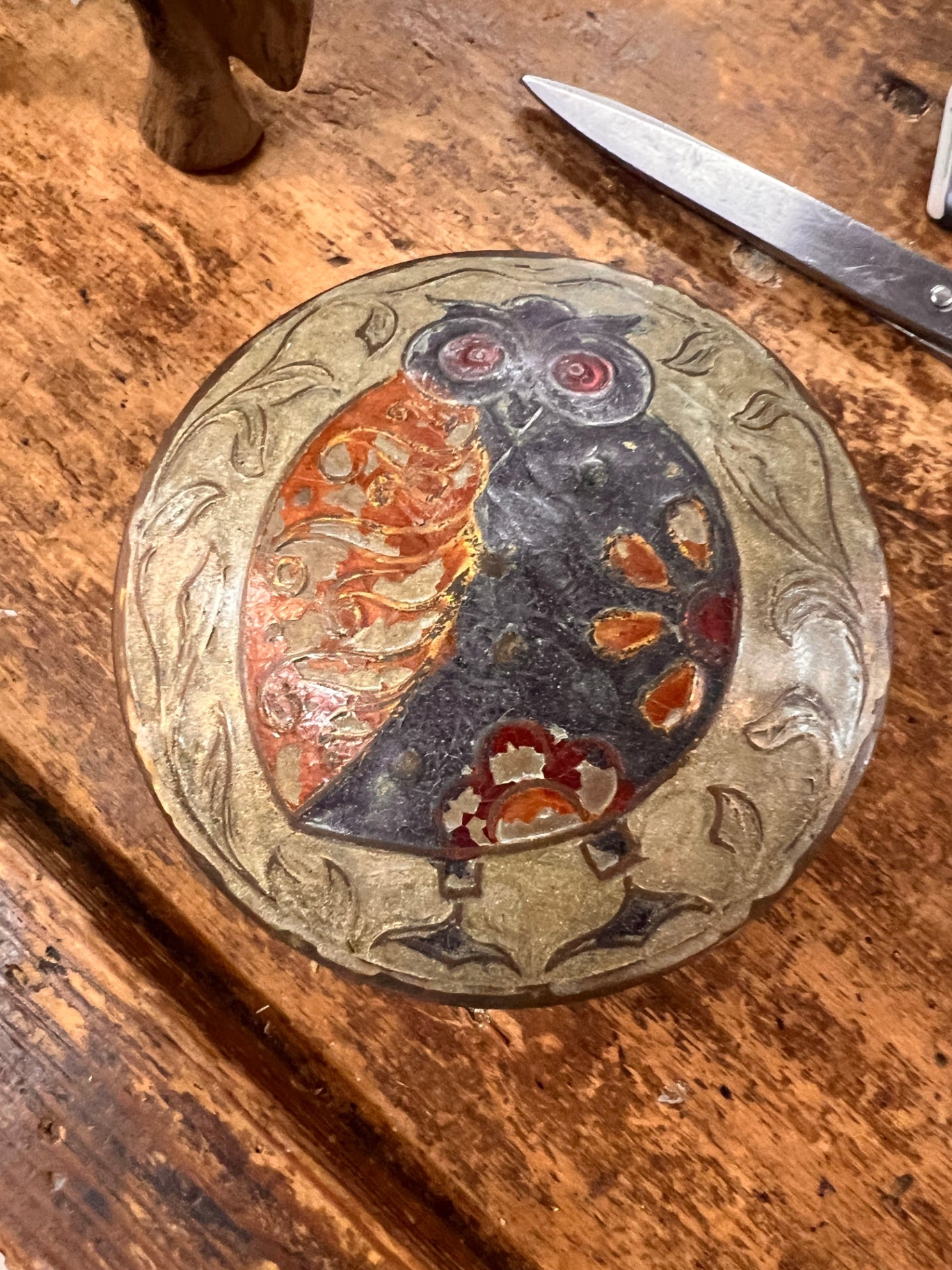 Vintage Brass Owl Trinket Box – Hand Painted Embossed Lid – Mid-Century Boho Decor