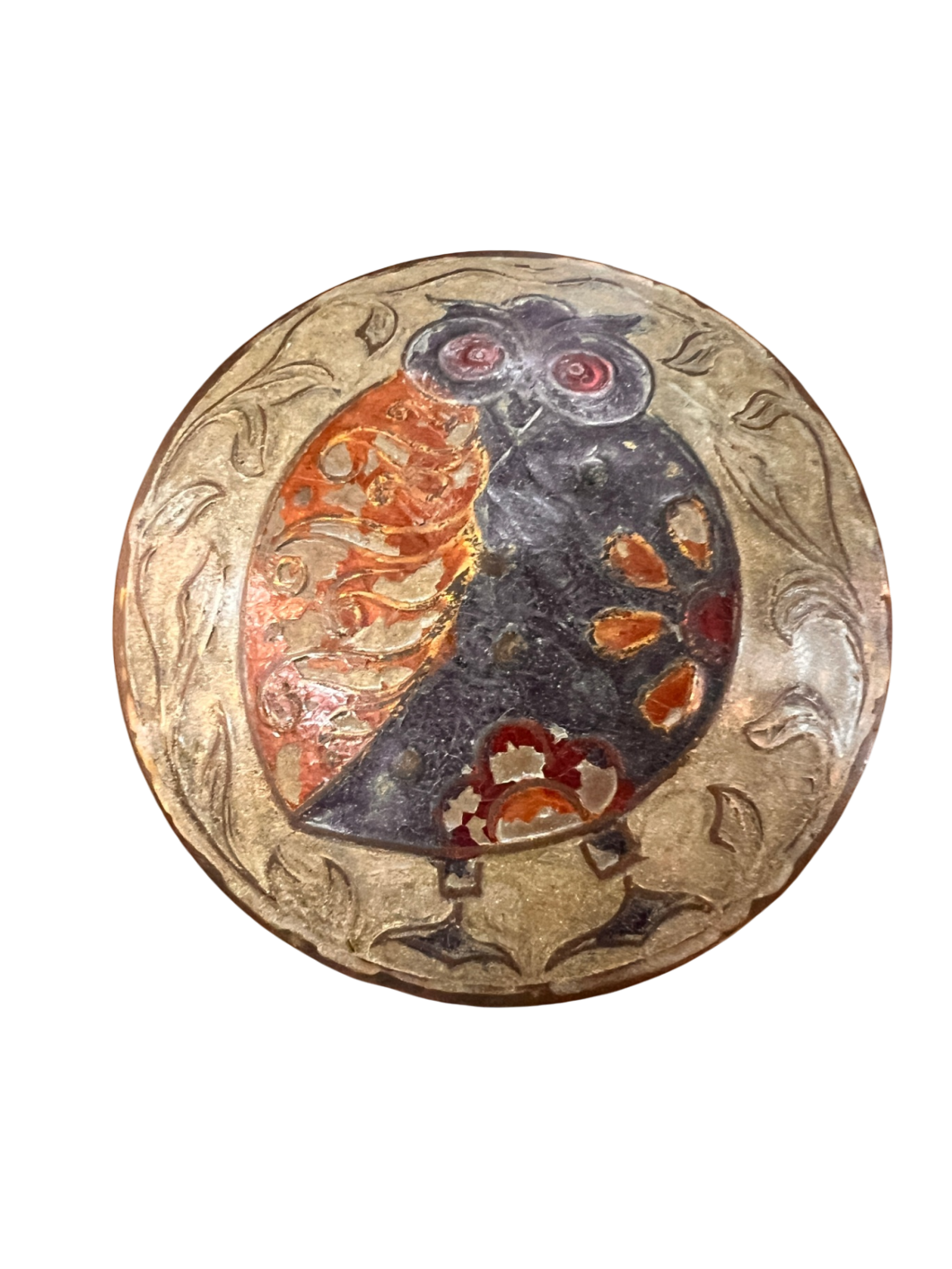 Vintage Brass Owl Trinket Box – Hand Painted Embossed Lid – Mid-Century Boho Decor