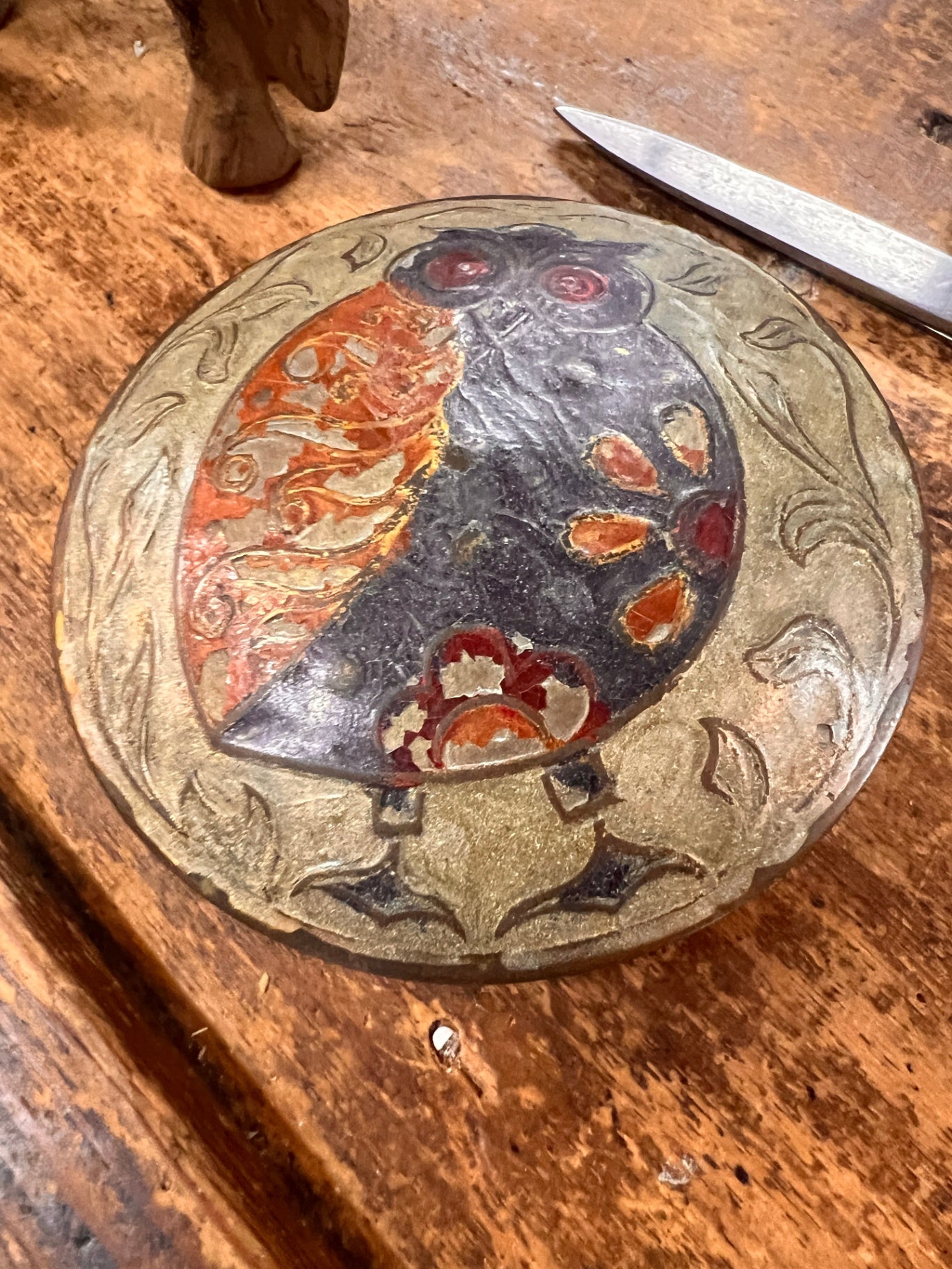 Vintage Brass Owl Trinket Box – Hand Painted Embossed Lid – Mid-Century Boho Decor