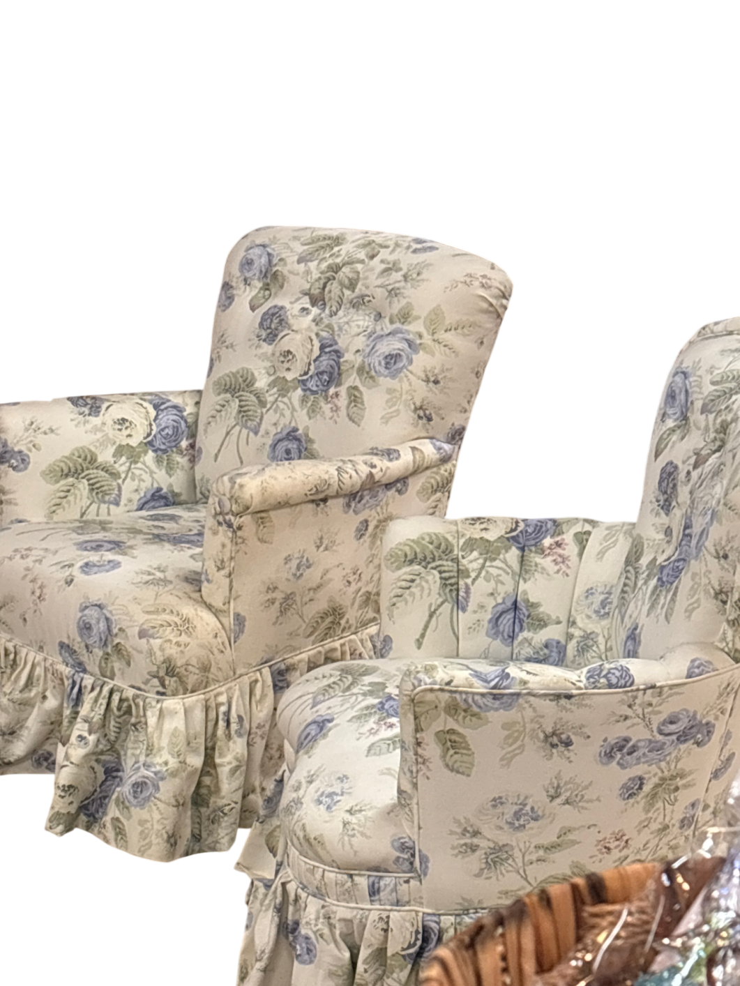 Two Upholstered Armchairs blue and green floral pattern with additional fabric